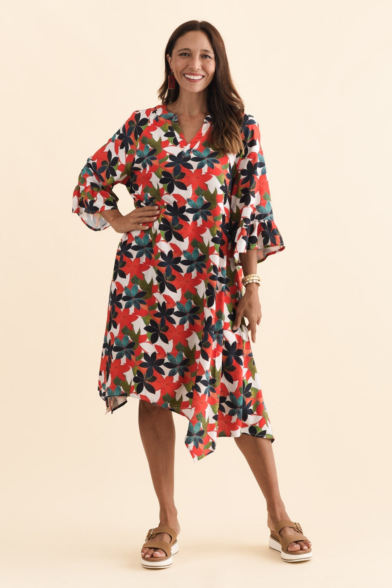 Millicent Red Leaf Linen Cotton Dress