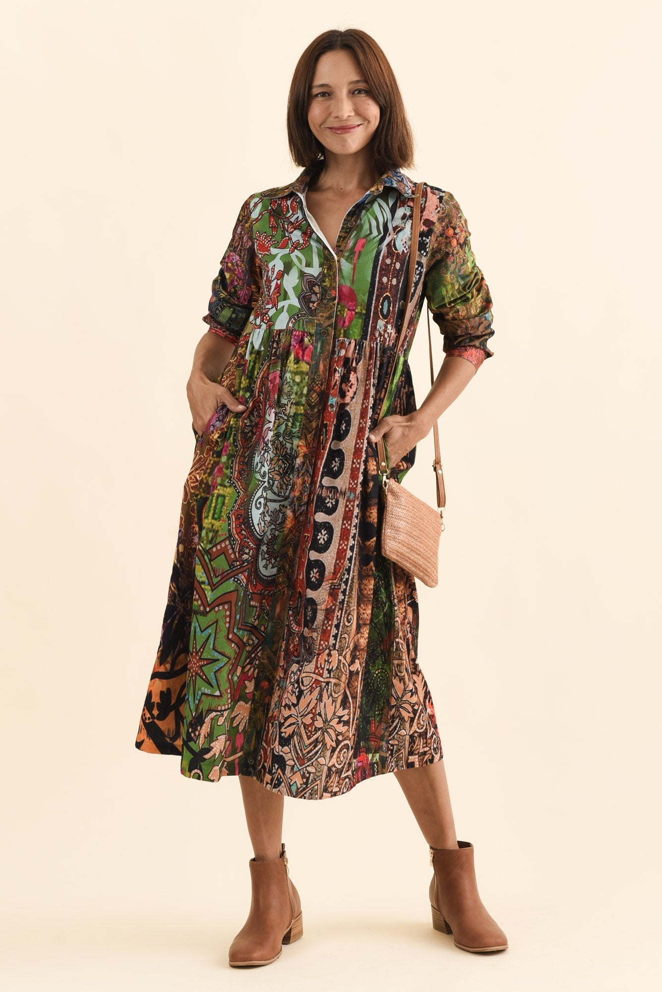 Minara Green Abstract Cotton Shirt Dress