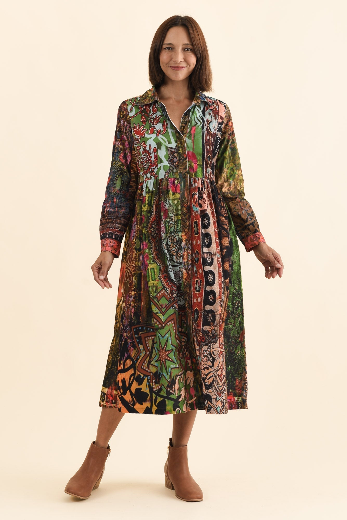 Minara Green Abstract Cotton Shirt Dress