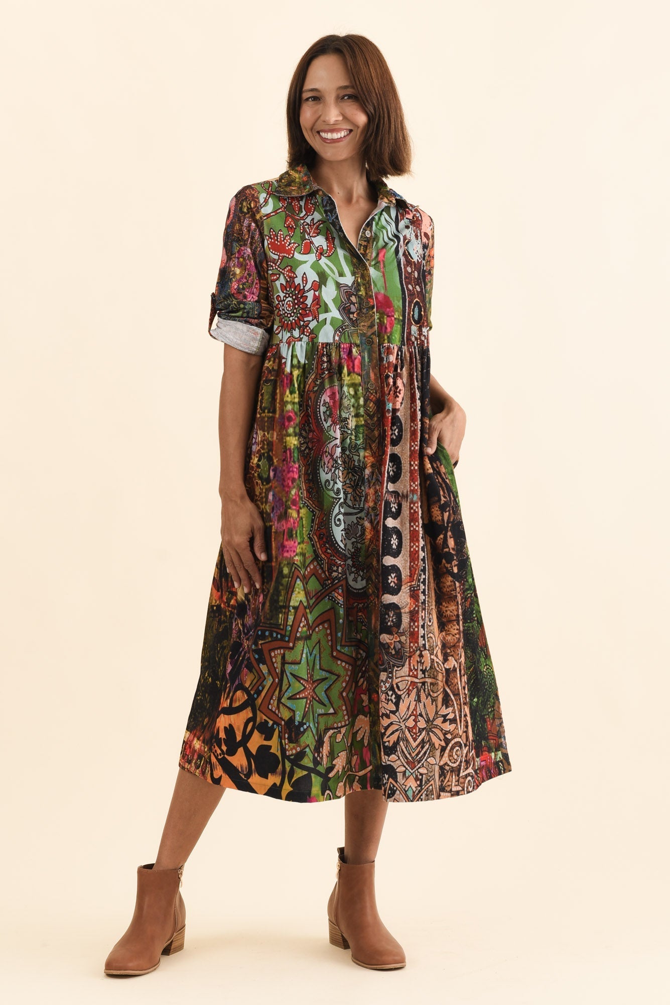 Minara Green Abstract Cotton Shirt Dress