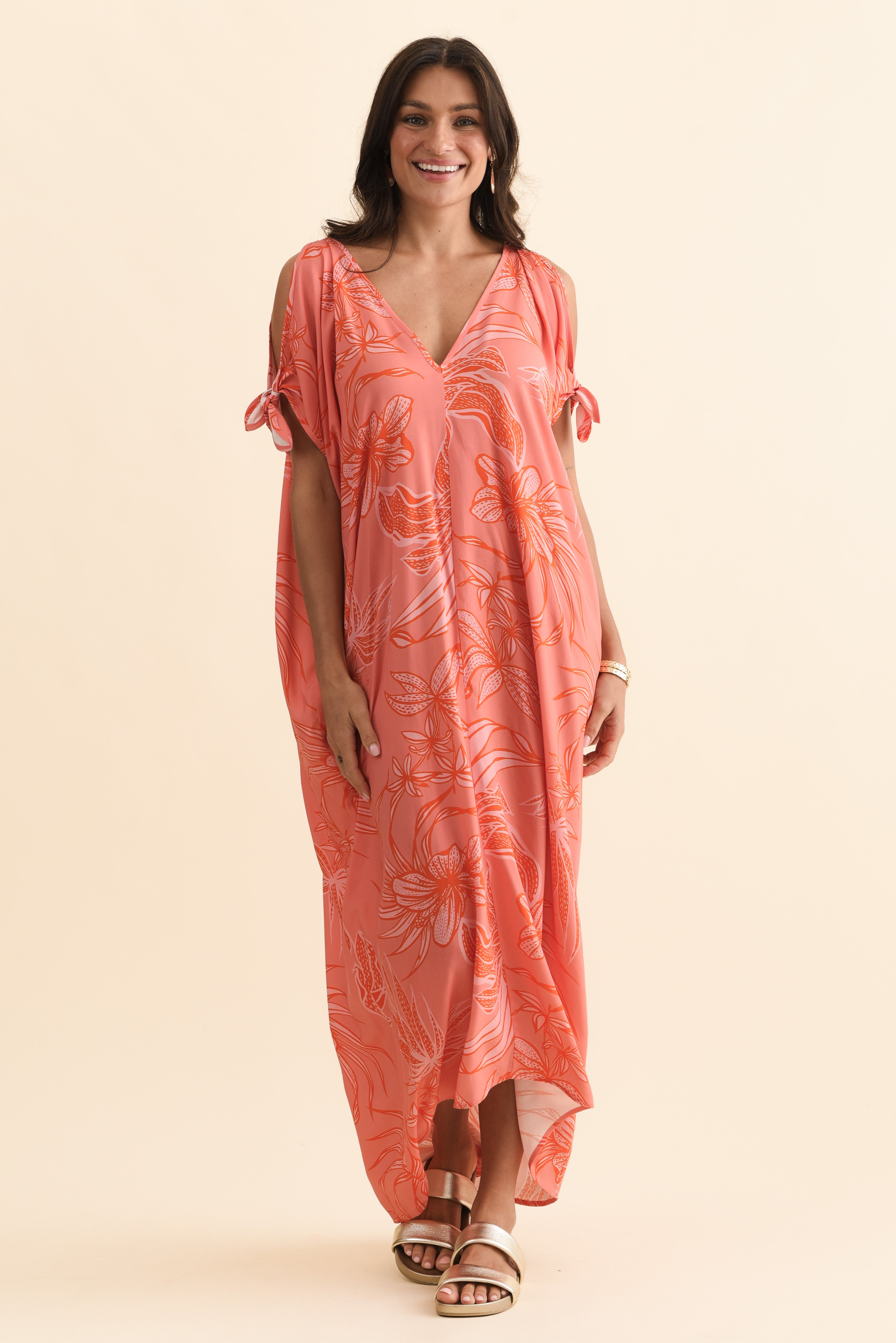 Miranda Pink Botanical Cold Shoulder Kaftan
