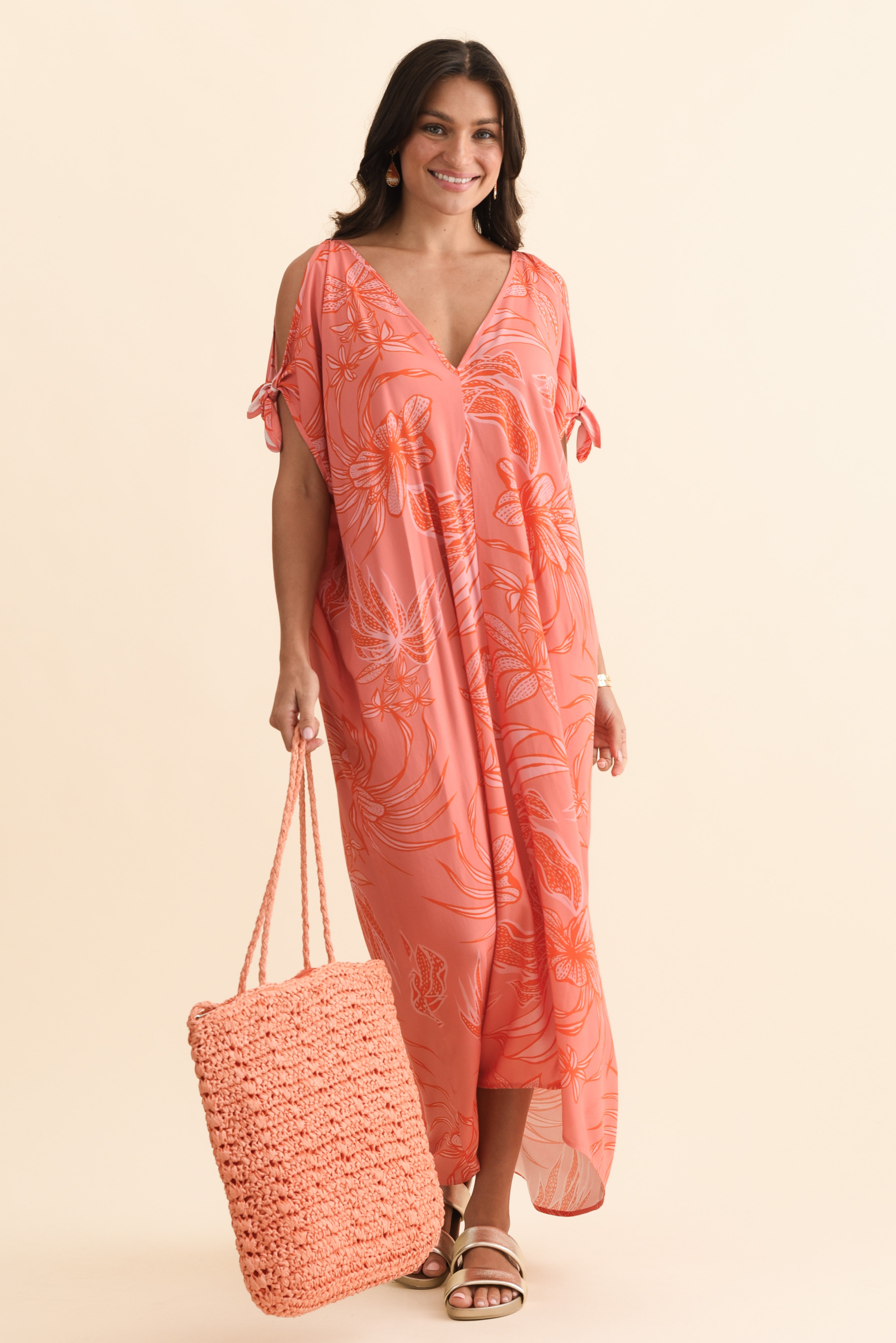 Miranda Pink Botanical Cold Shoulder Kaftan