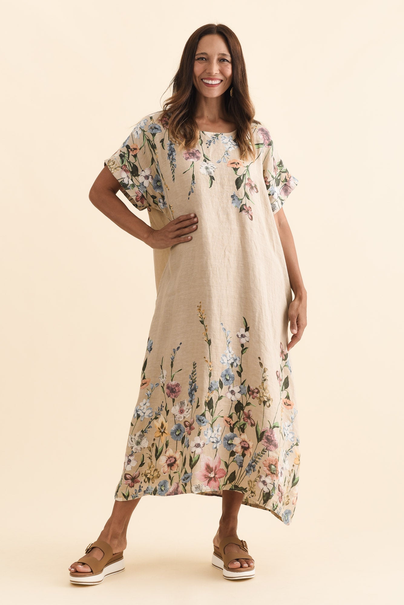 Morrison Beige Floral Linen Pocket Dress