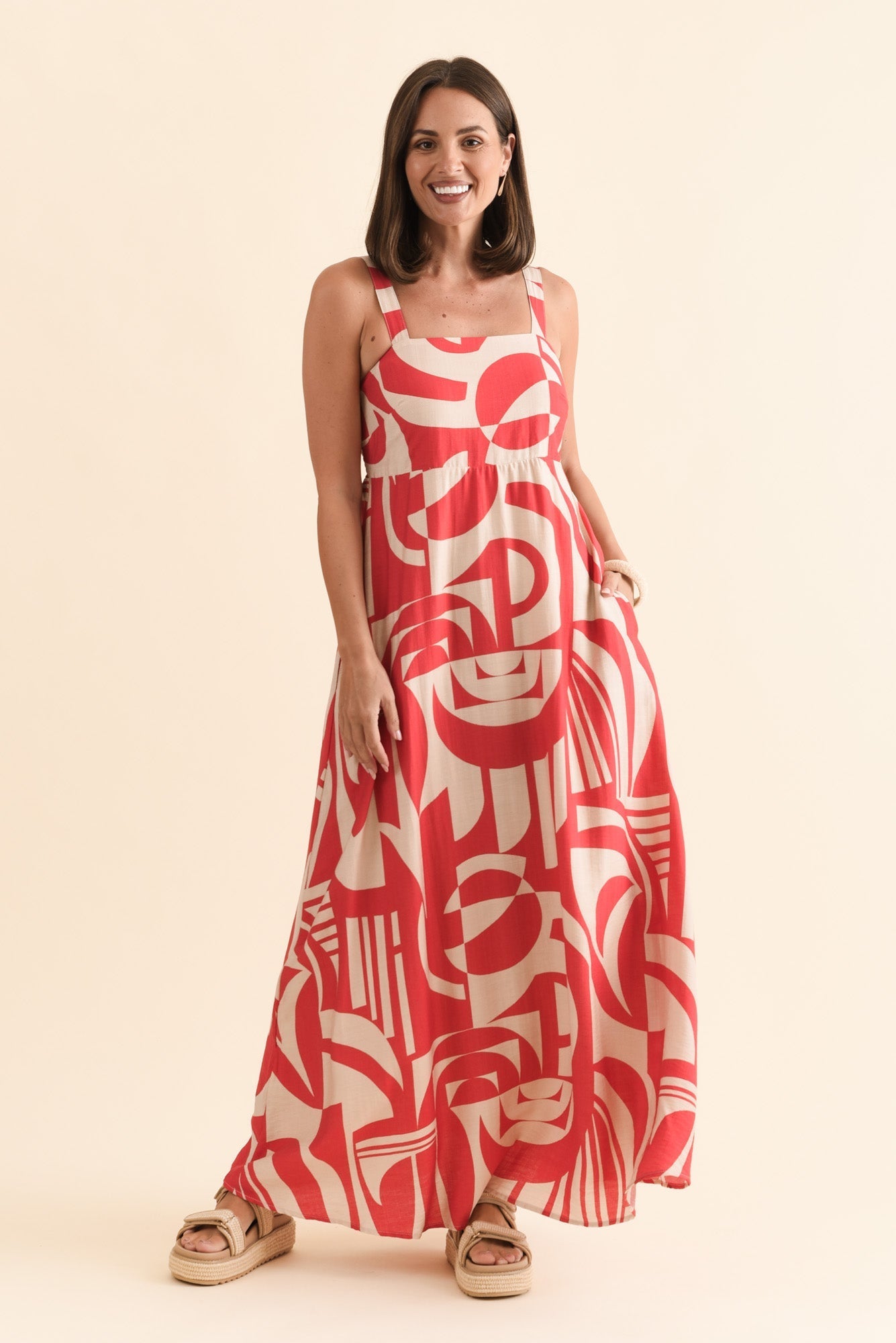 Mykonos Red Abstract Linen Cotton Dress