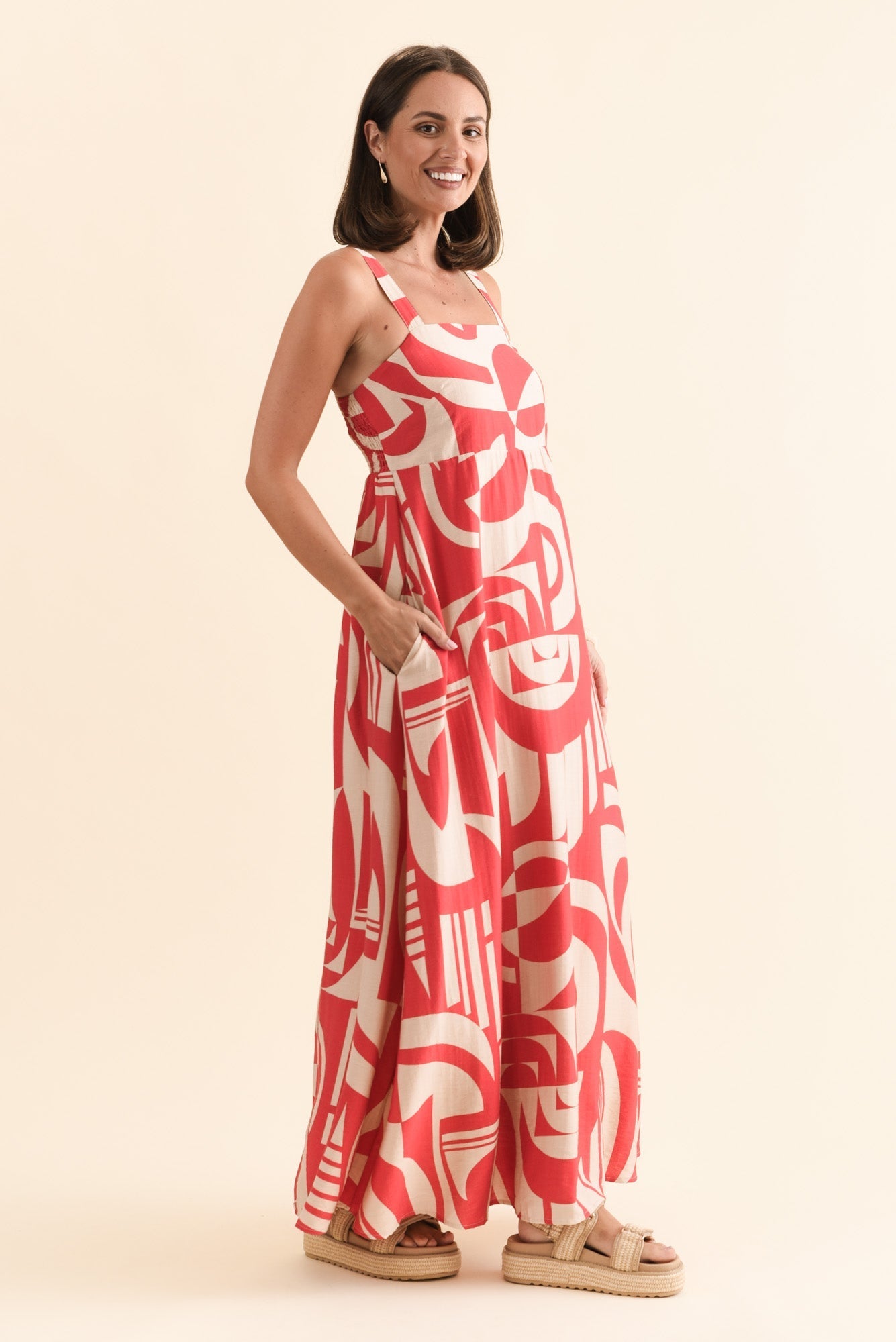 Mykonos Red Abstract Linen Cotton Dress