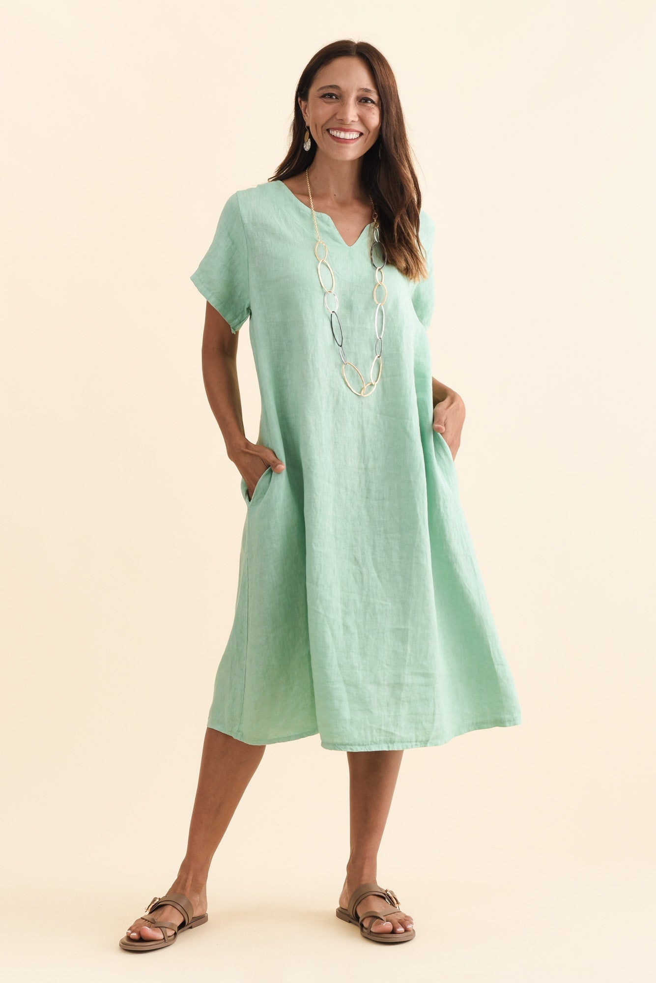 Nara Aqua Linen Pocket Dress