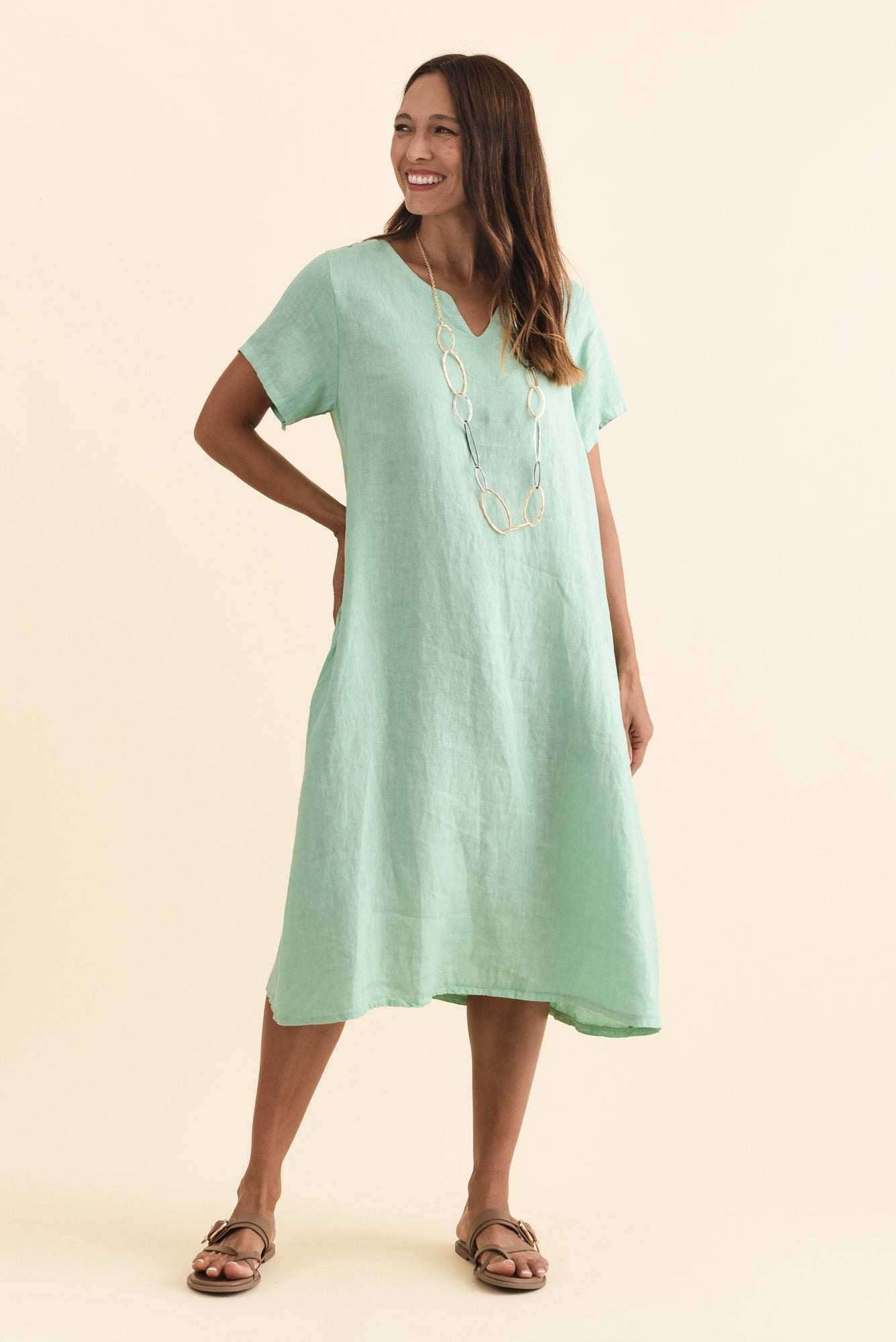 Nara Aqua Linen Pocket Dress