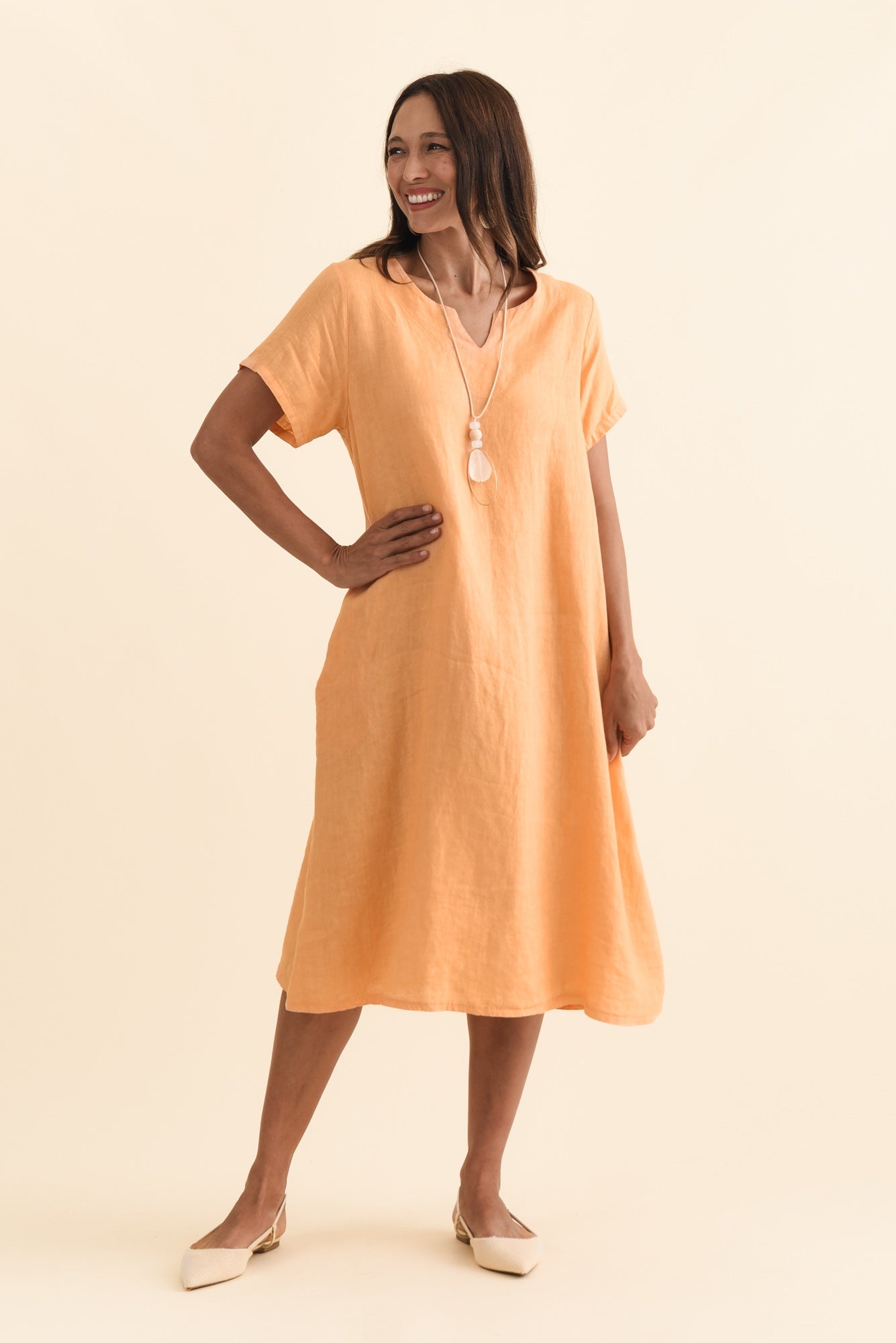 Nara Peach Linen Pocket Dress