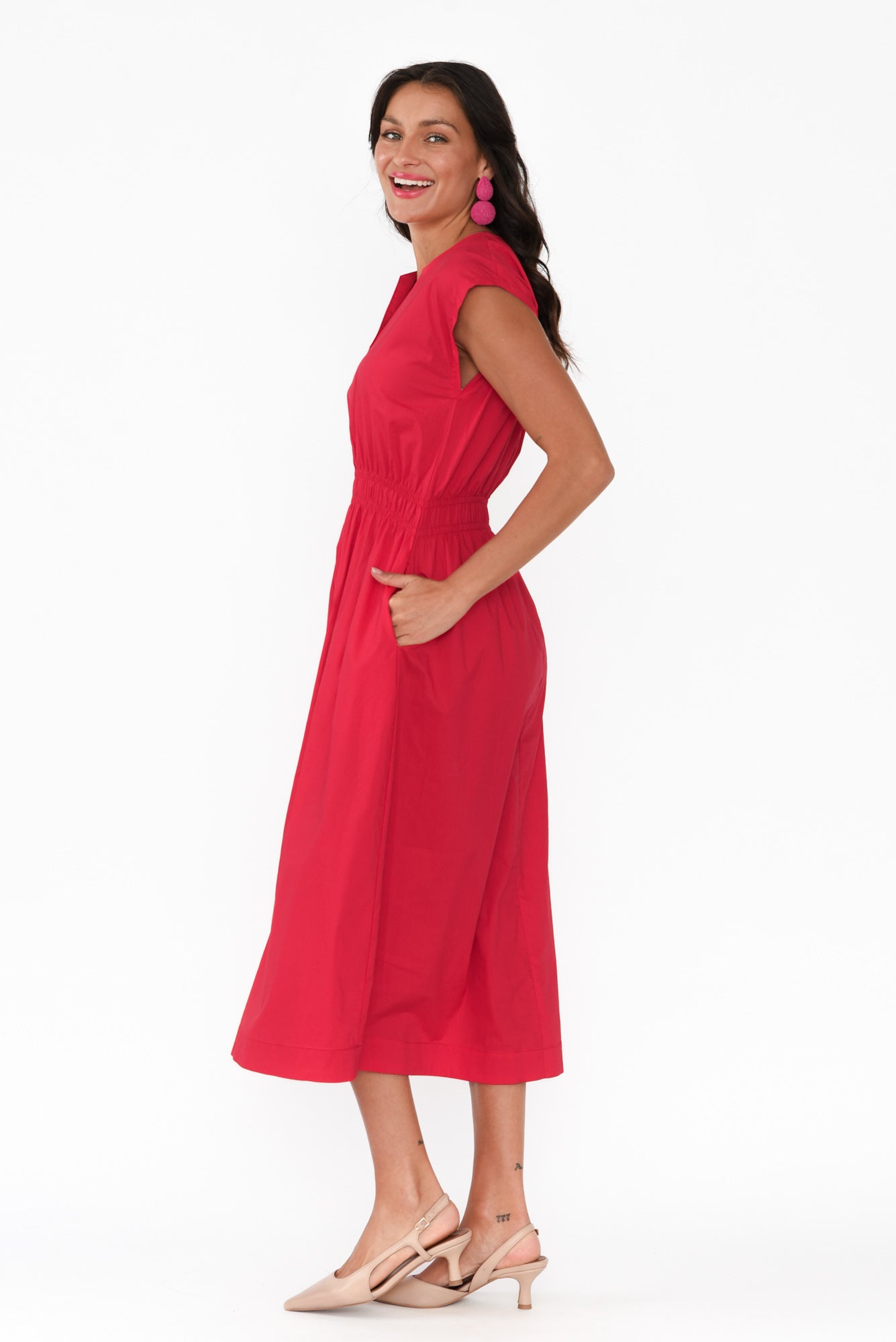 Nelly Red Cotton Midi Dress