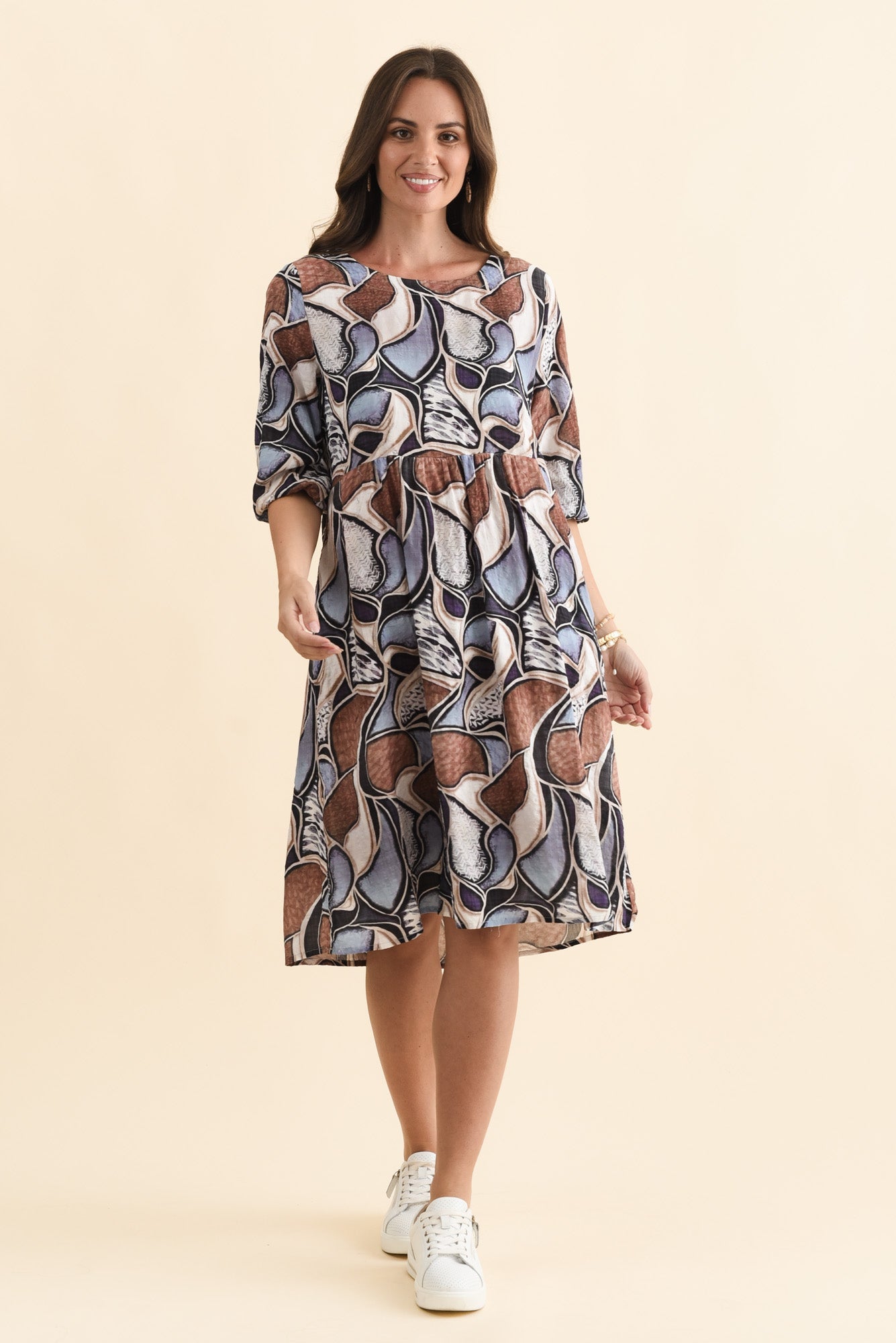 Nicolette Blue Abstract Cotton Blend Sleeved Dress