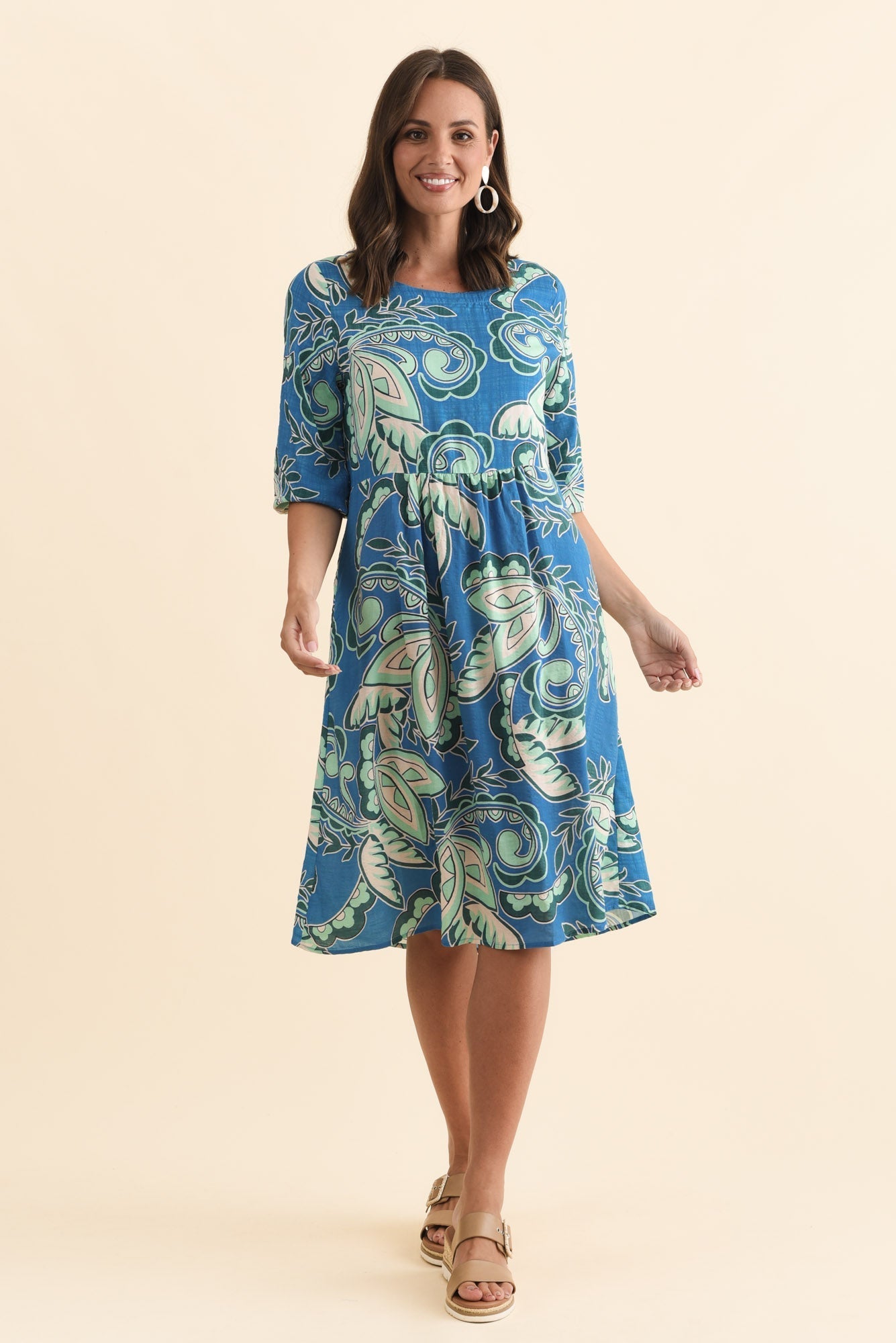 Nicolette Blue Paisley Cotton Blend Sleeved Dress
