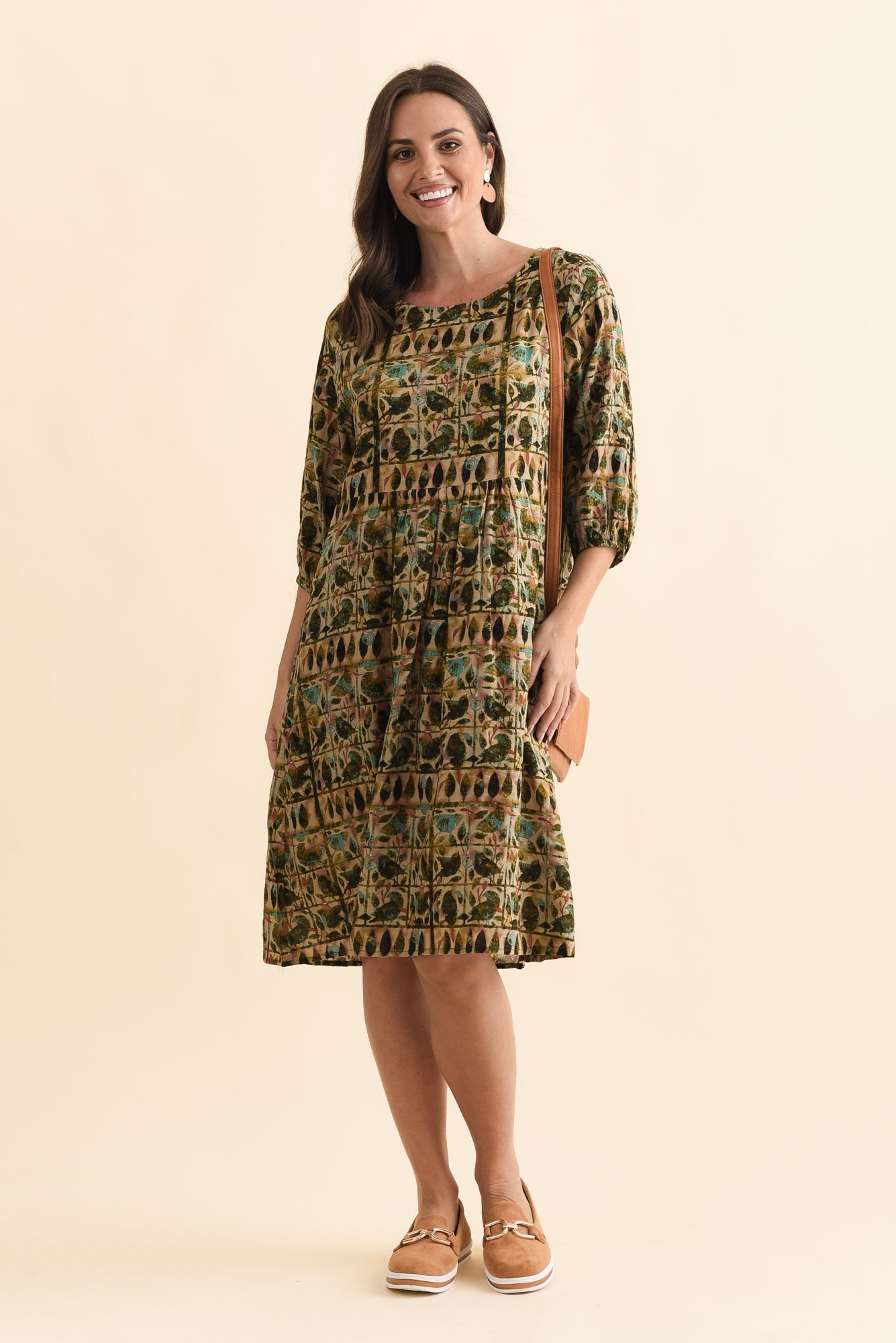 Nicolette Green Motif Cotton Blend Sleeved Dress