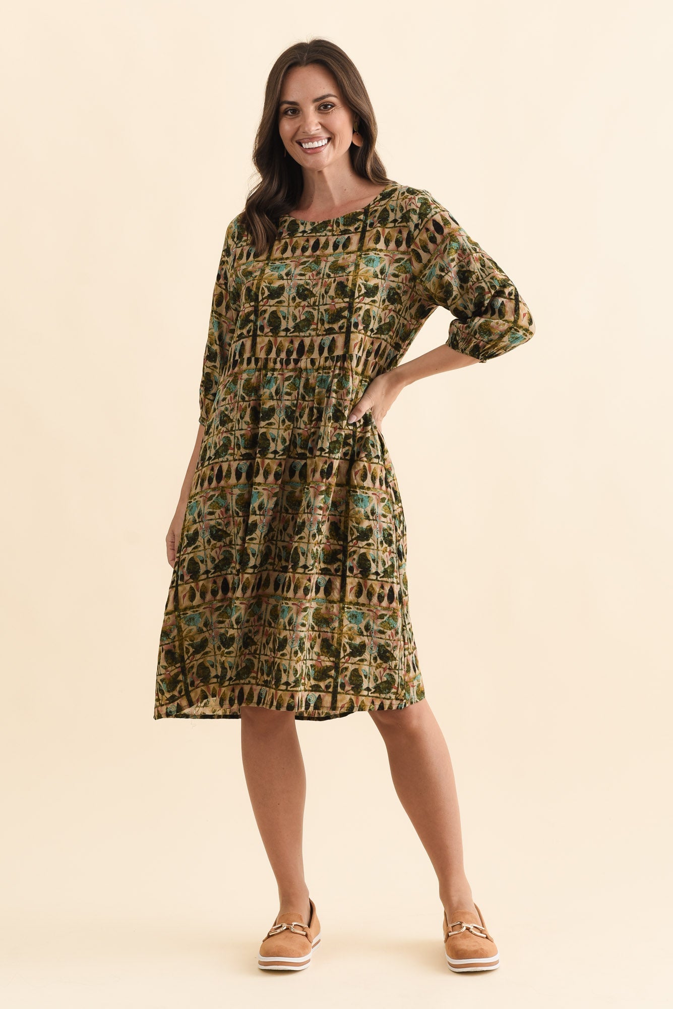 Nicolette Green Motif Cotton Blend Sleeved Dress