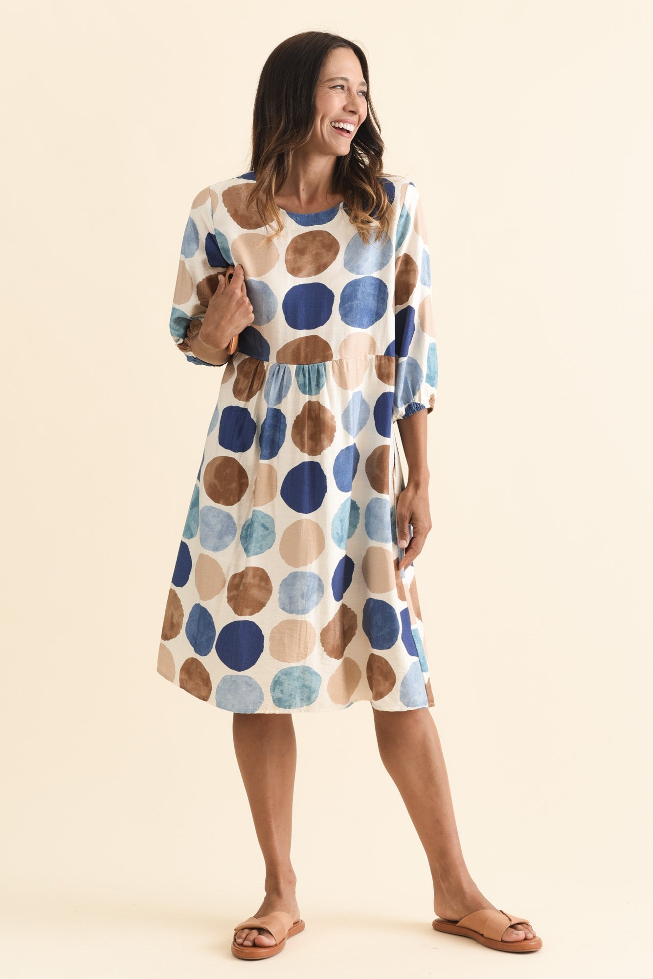 Nicolette Navy Spot Cotton Blend Sleeved Dress