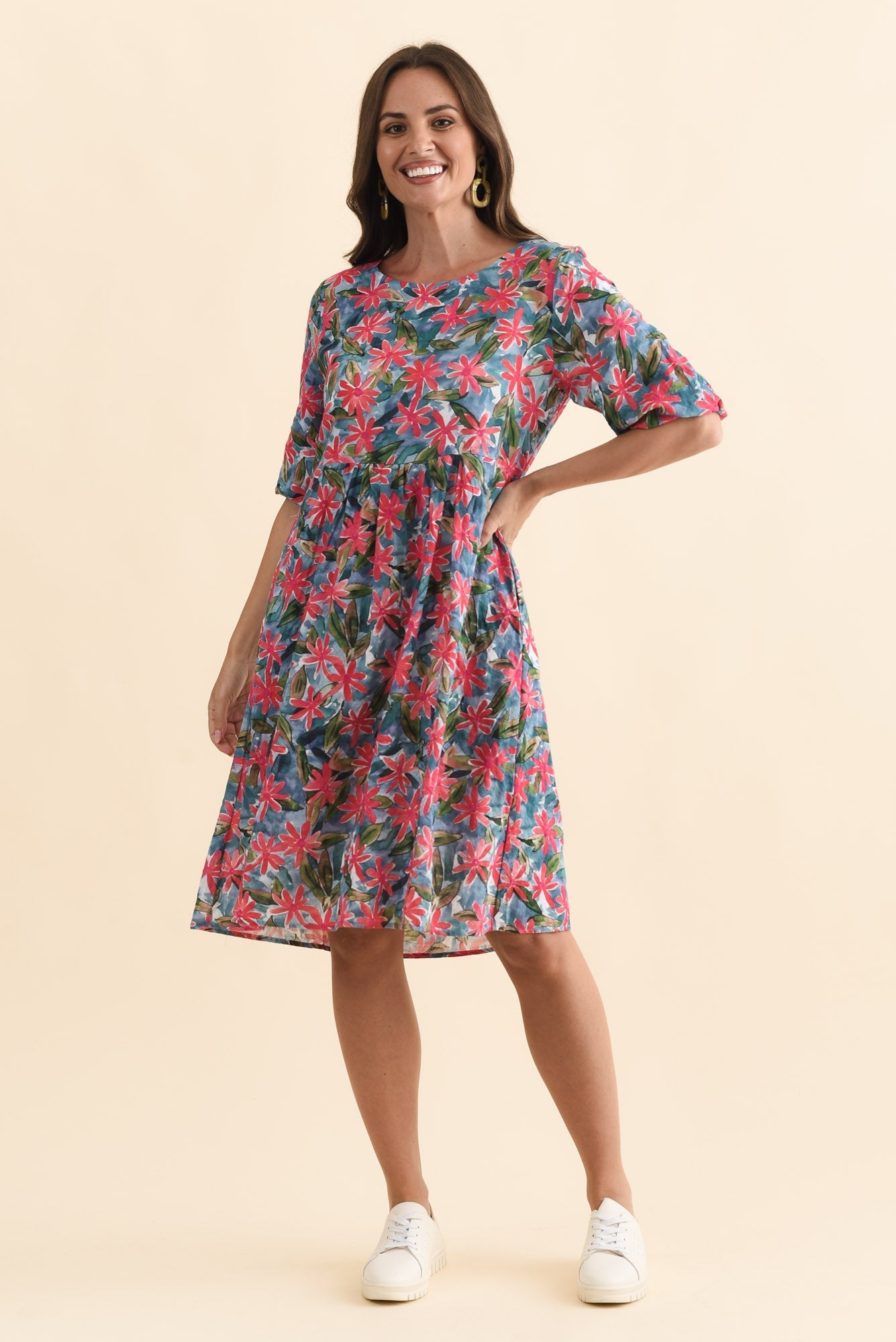 Nicolette Pink Flower Cotton Blend Sleeved Dress
