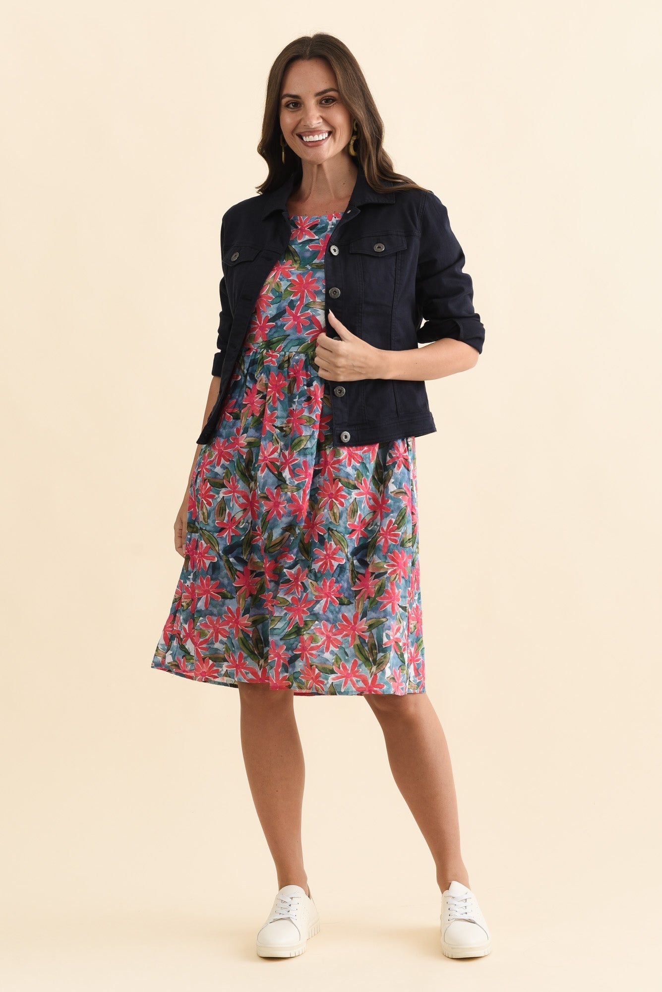 Nicolette Pink Flower Cotton Blend Sleeved Dress