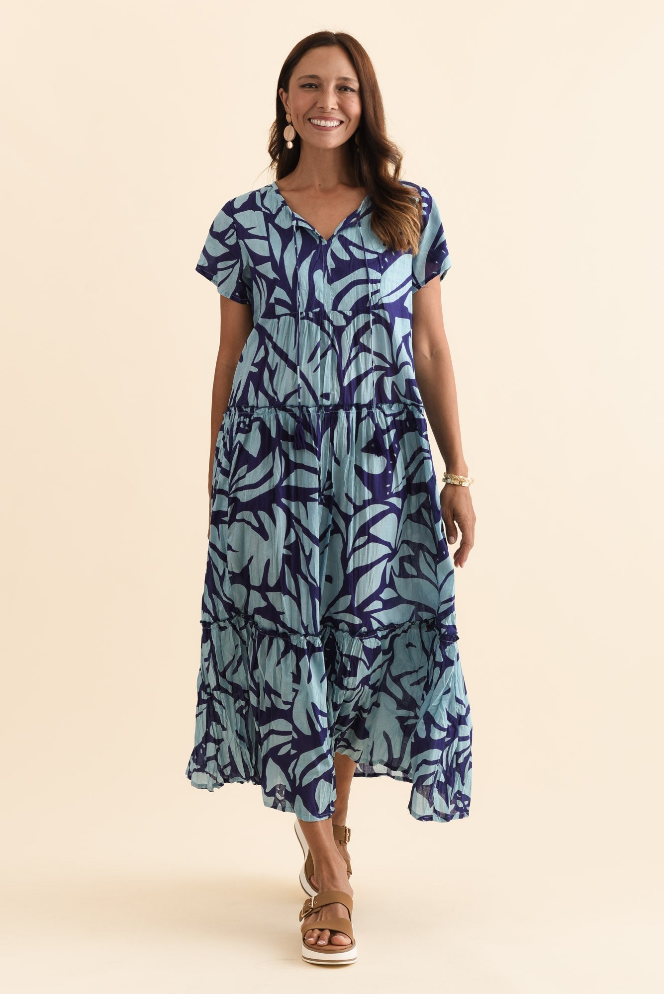 Nona Blue Botanical Crinkle Cotton Maxi Dress