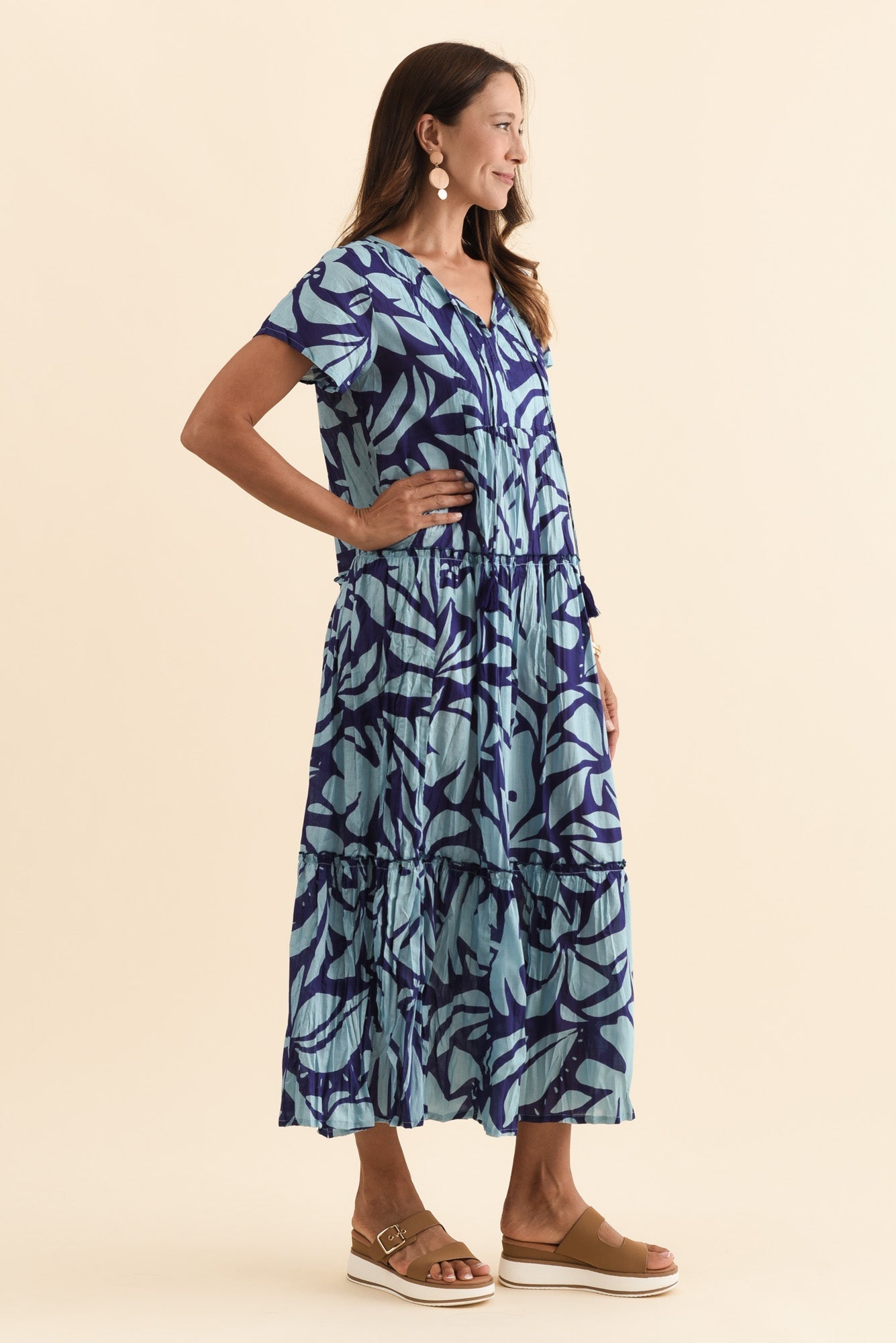 Nona Blue Botanical Crinkle Cotton Maxi Dress