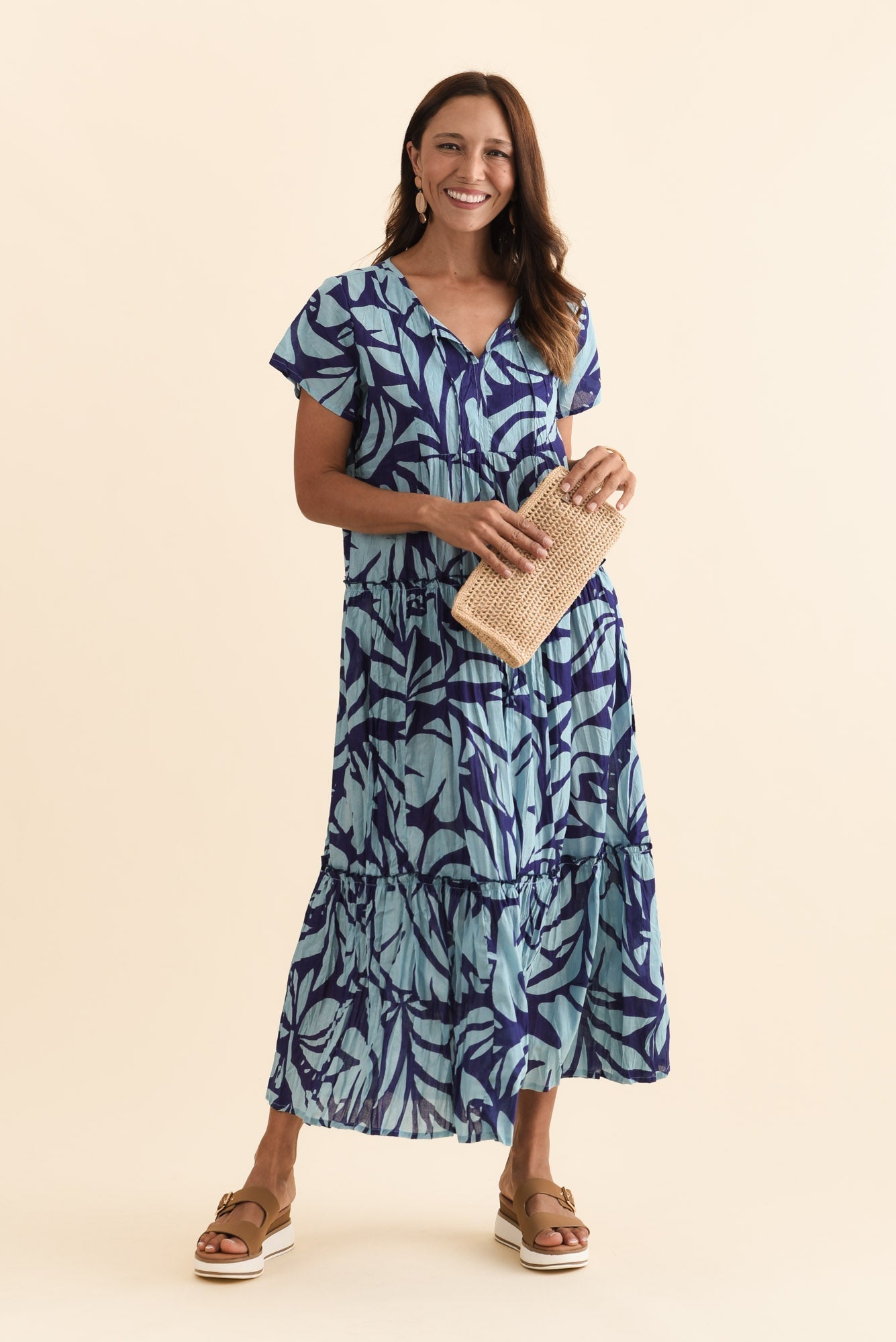 Nona Blue Botanical Crinkle Cotton Maxi Dress