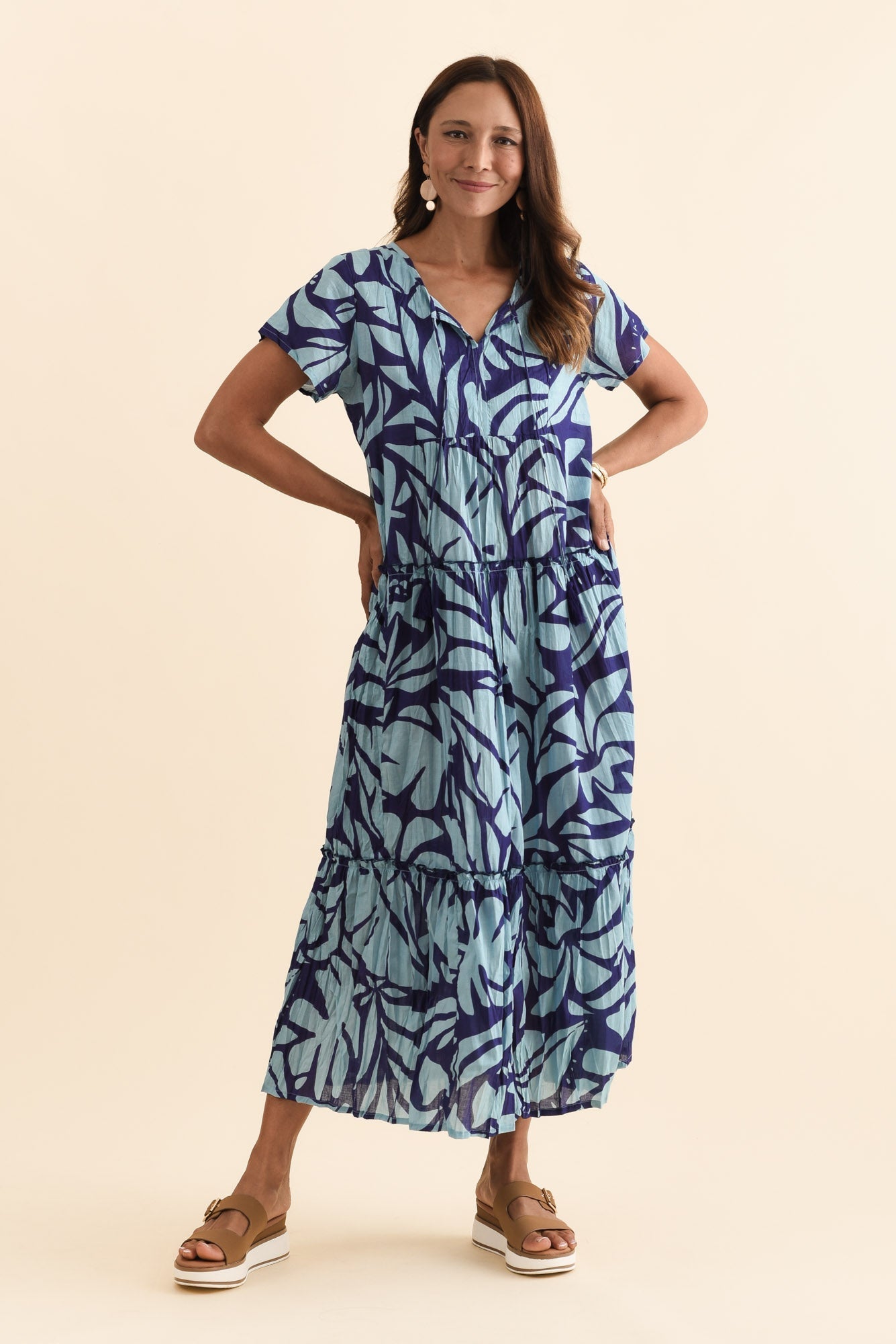 Nona Blue Botanical Crinkle Cotton Maxi Dress