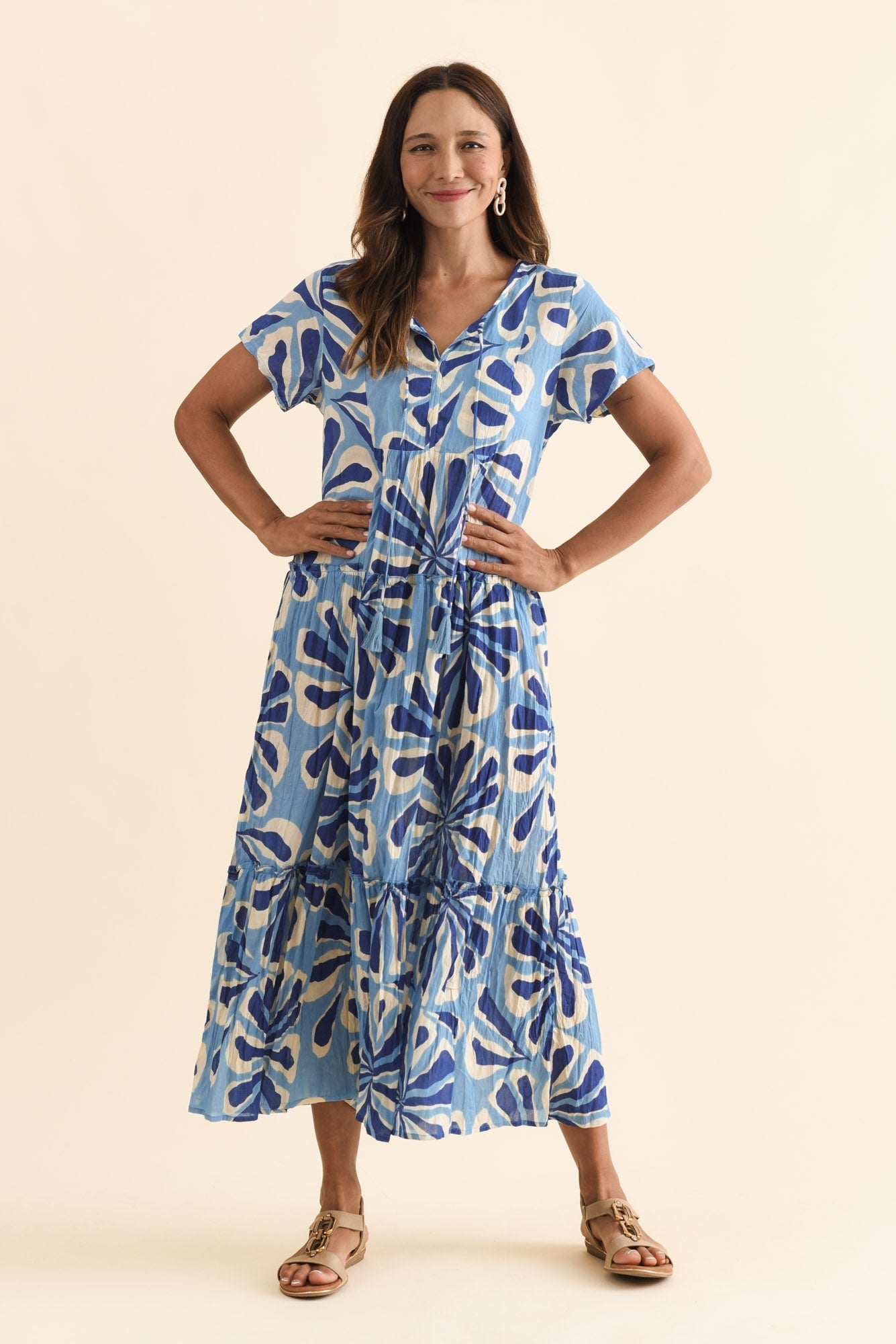 Nona Blue Daisy Crinkle Cotton Maxi Dress