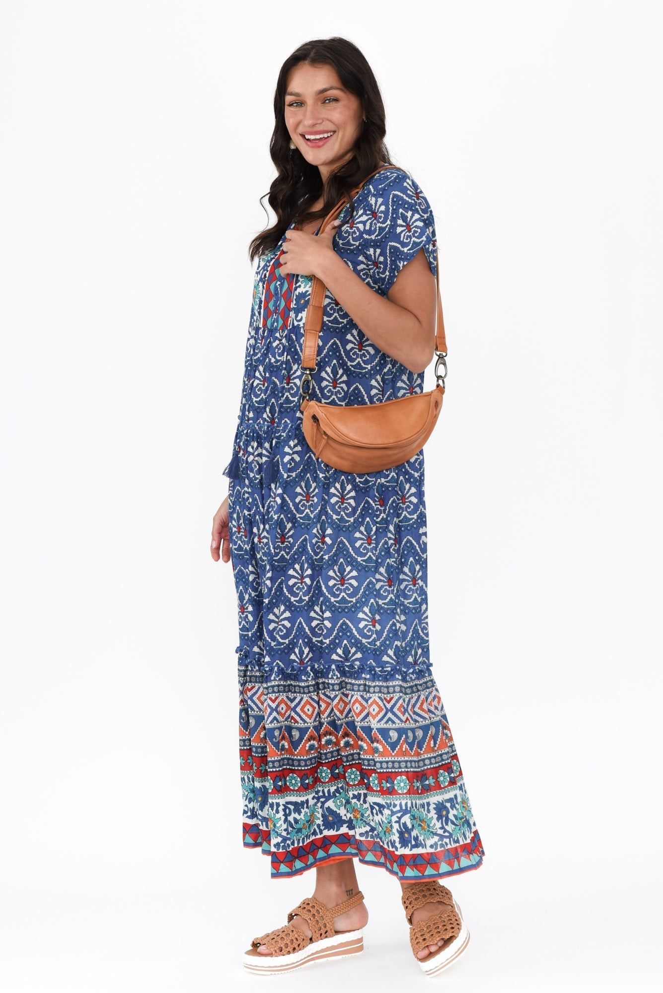 Nona Cobalt Mosaic Crinkle Cotton Maxi Dress