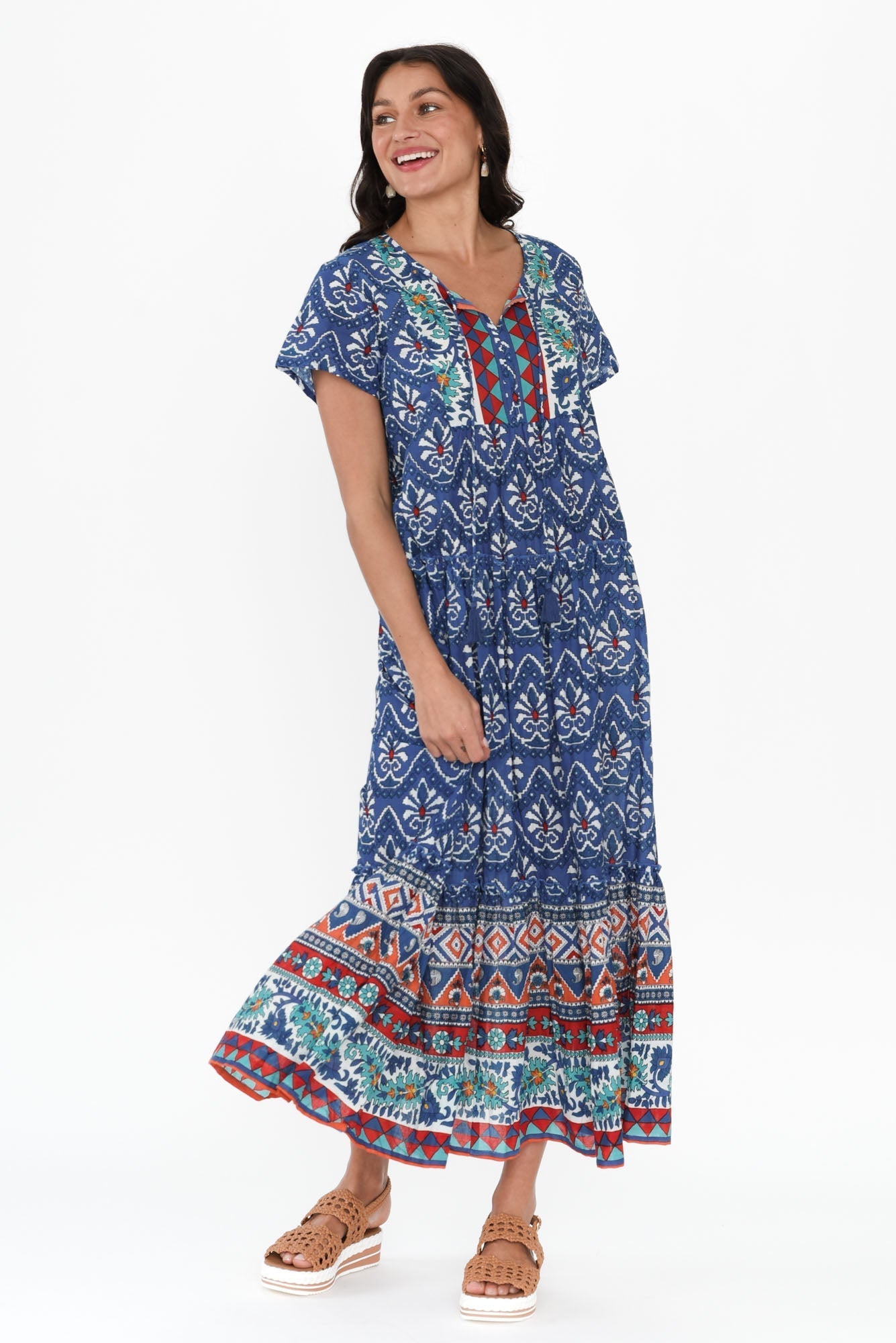 Nona Cobalt Mosaic Crinkle Cotton Maxi Dress