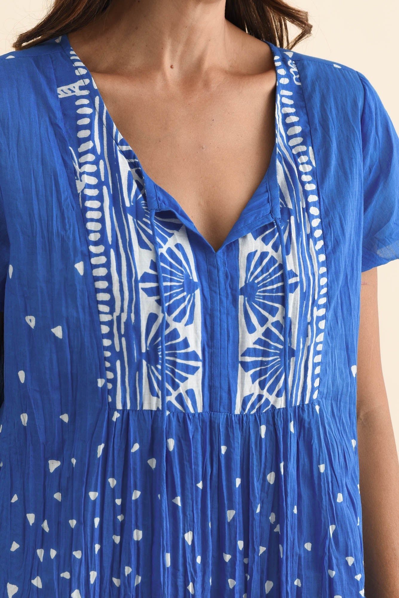 Nona Cobalt Palm Crinkle Cotton Maxi Dress