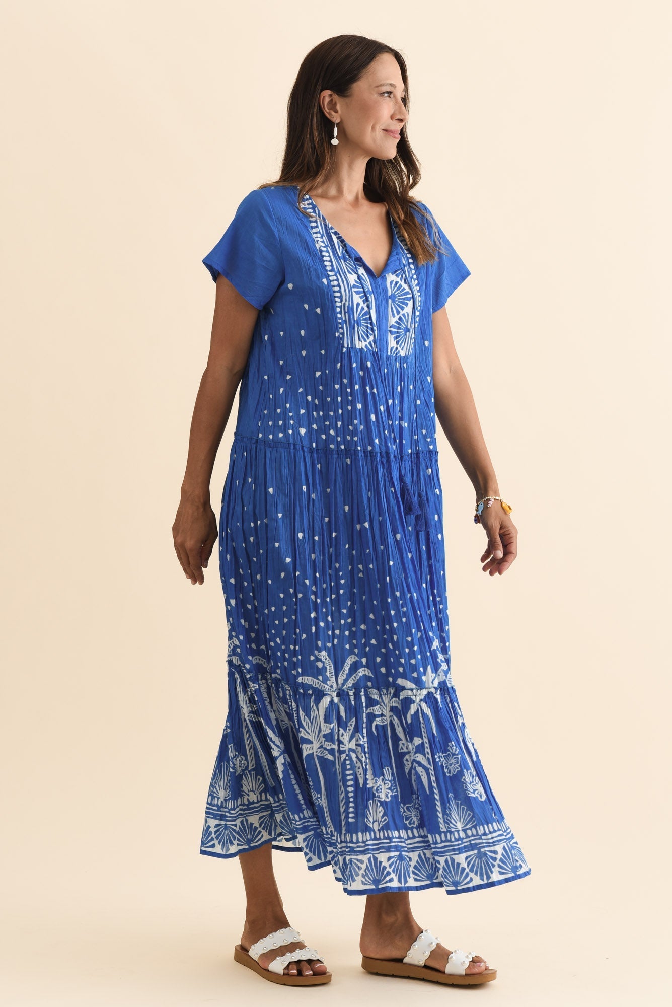 Nona Cobalt Palm Crinkle Cotton Maxi Dress