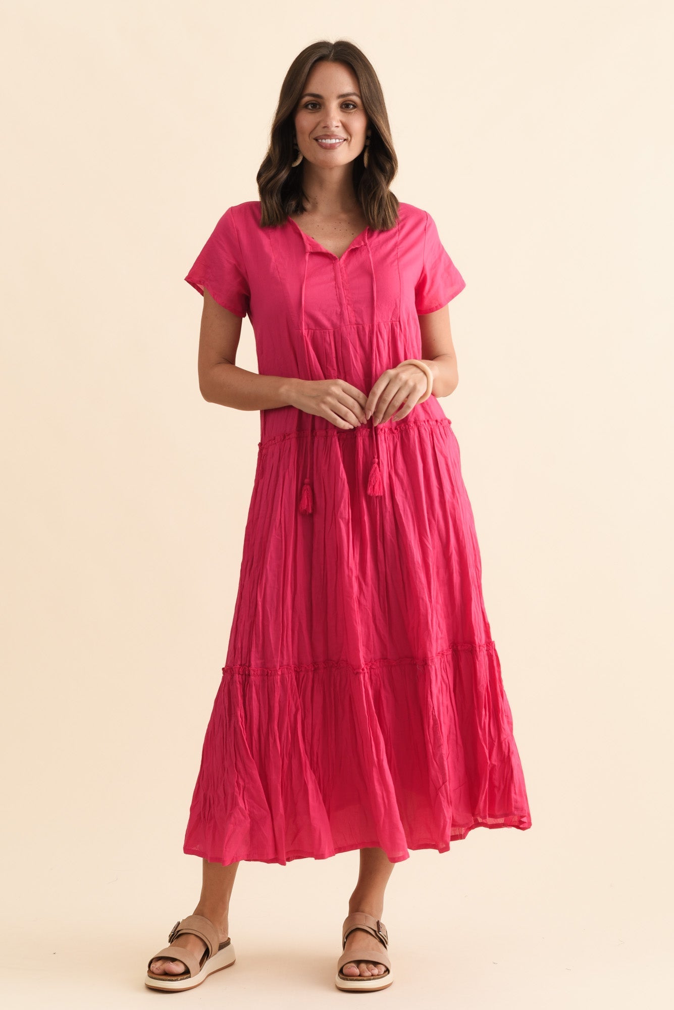 Nona Fuchsia Crinkle Cotton Maxi Dress