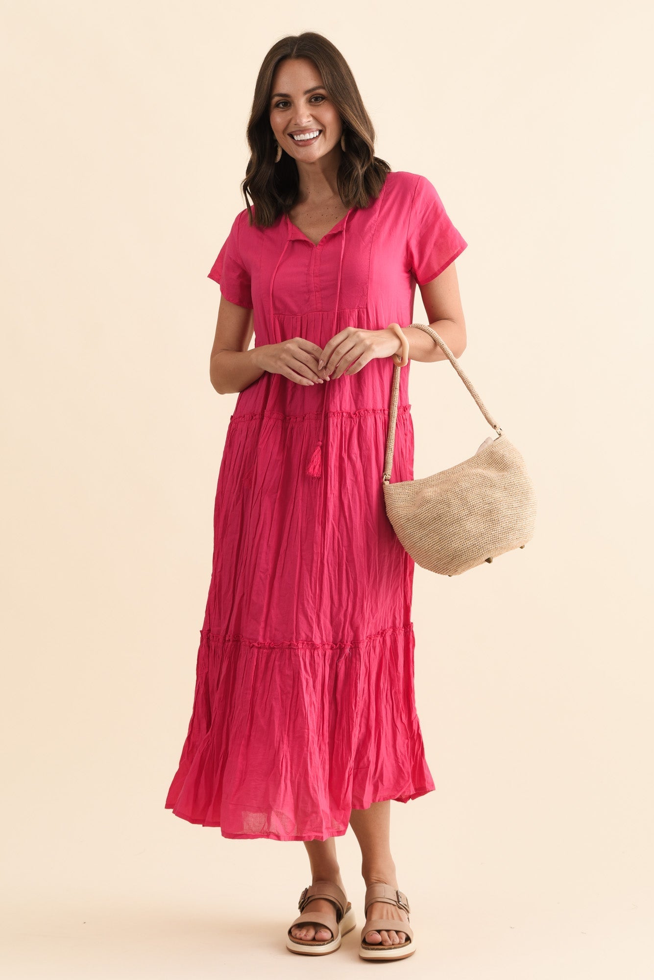 Nona Fuchsia Crinkle Cotton Maxi Dress