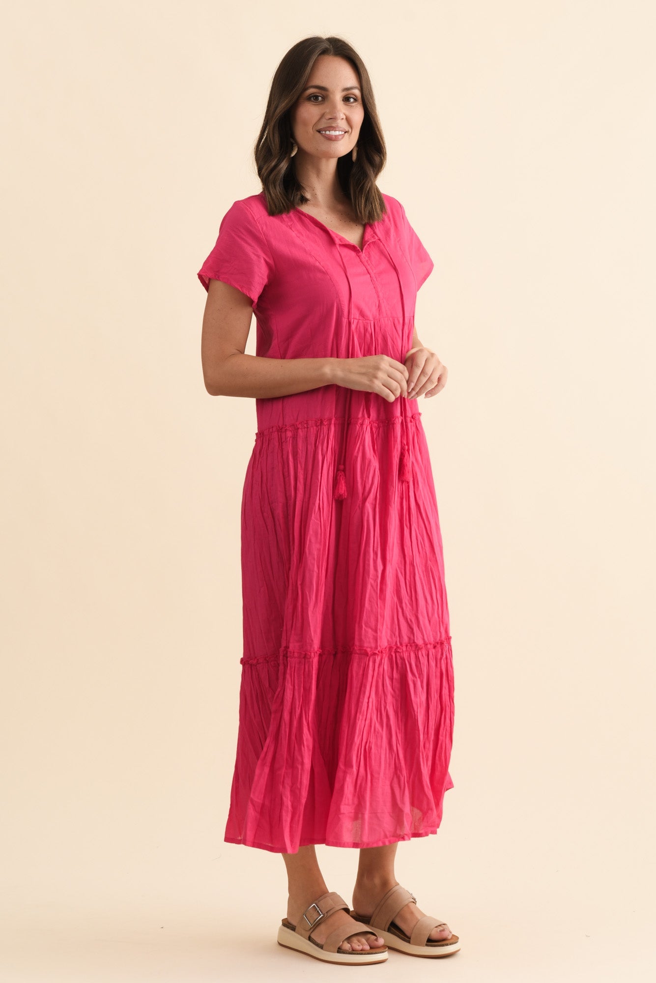 Nona Fuchsia Crinkle Cotton Maxi Dress