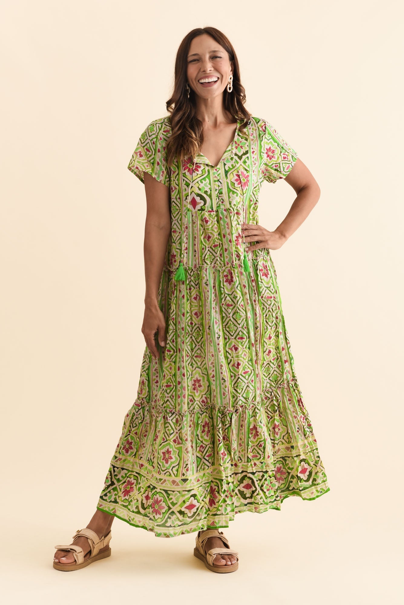 Nona Green Abstract Crinkle Cotton Maxi Dress