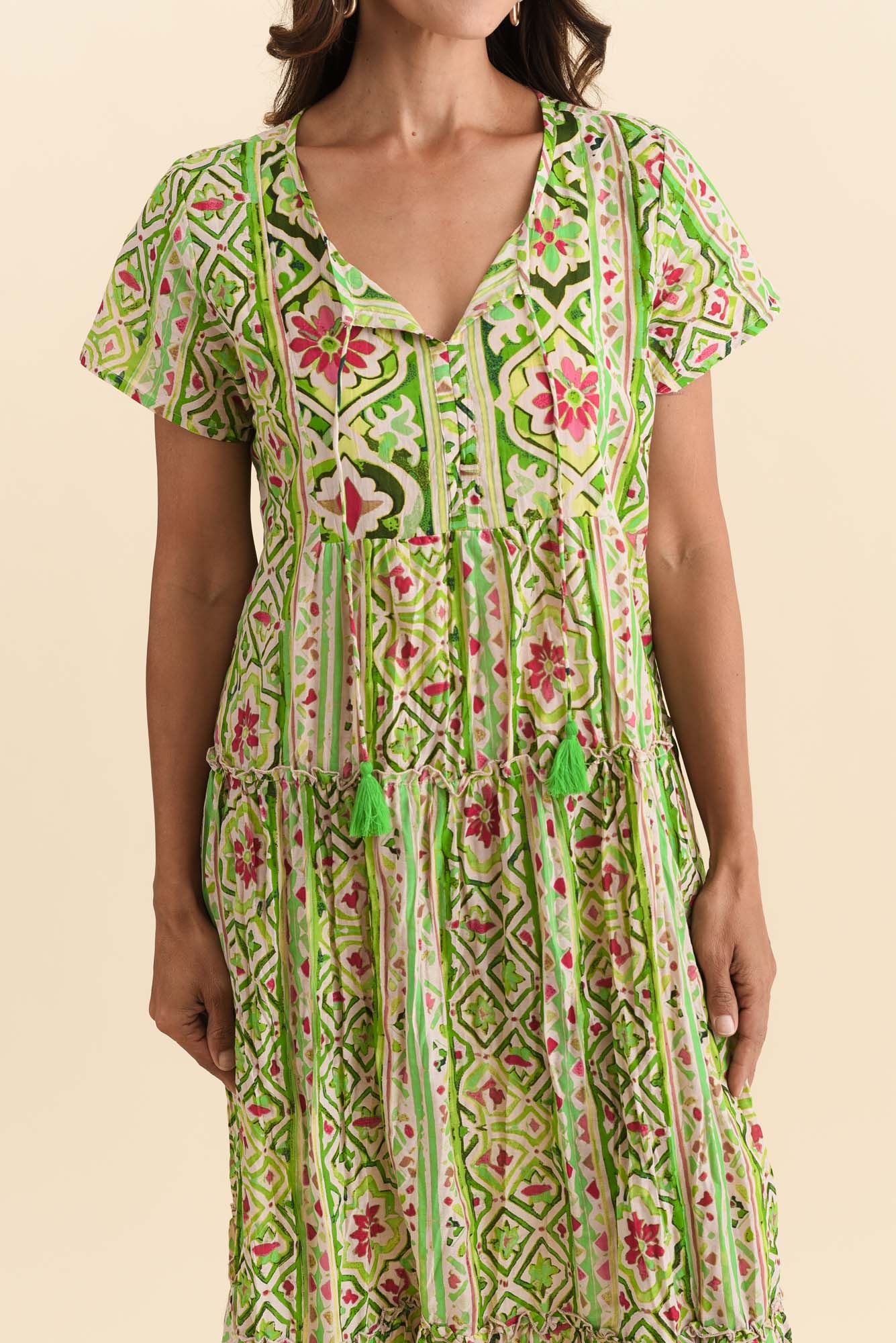 Nona Green Abstract Crinkle Cotton Maxi Dress
