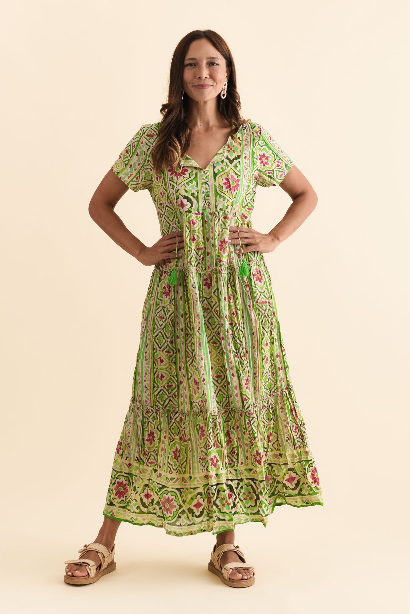 Nona Green Abstract Crinkle Cotton Maxi Dress