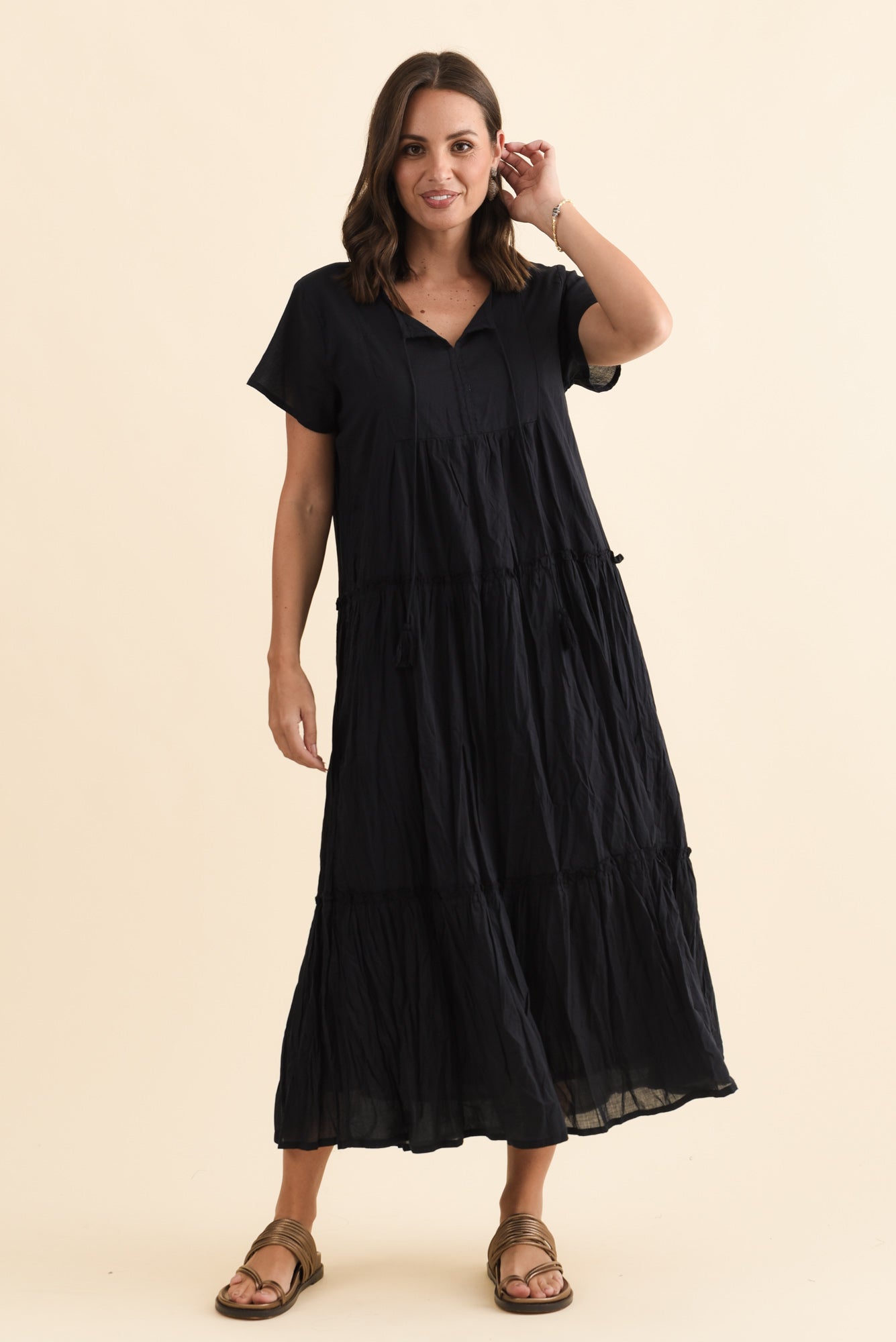 Nona Navy Crinkle Cotton Maxi Dress