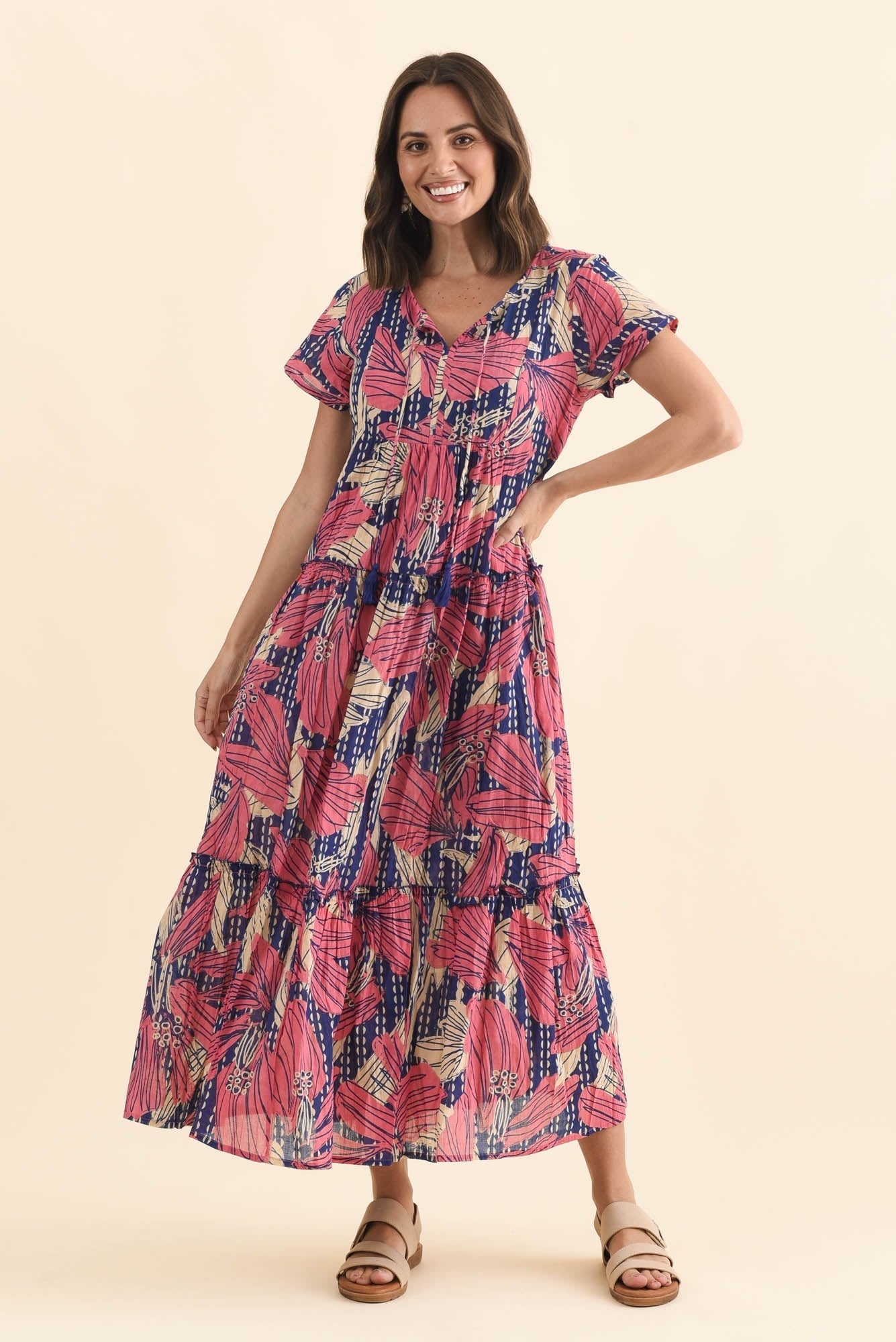 Nona Pink Lily Crinkle Cotton Maxi Dress