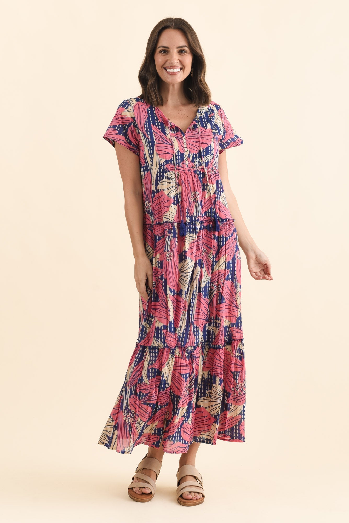 Nona Pink Lily Crinkle Cotton Maxi Dress