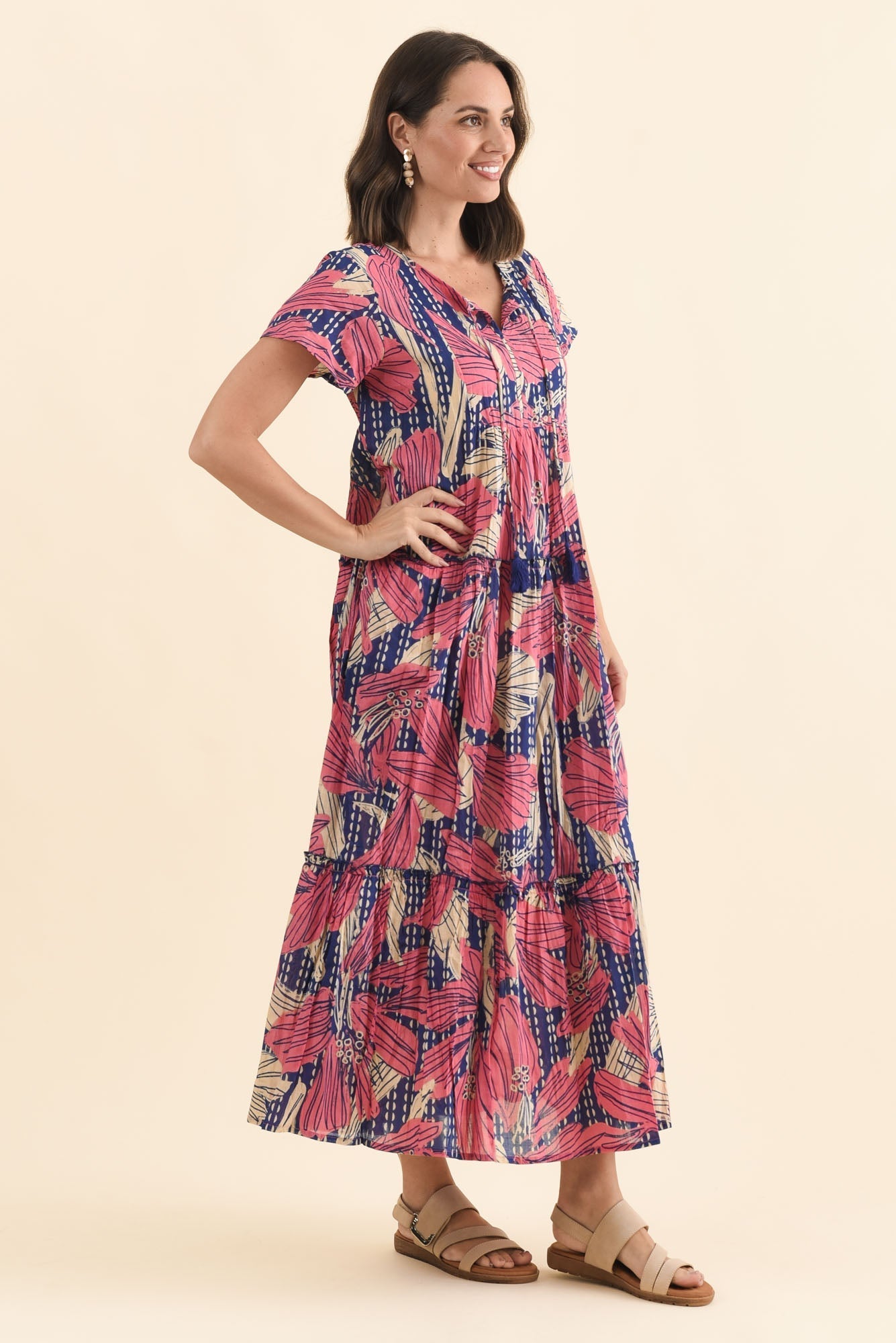 Nona Pink Lily Crinkle Cotton Maxi Dress