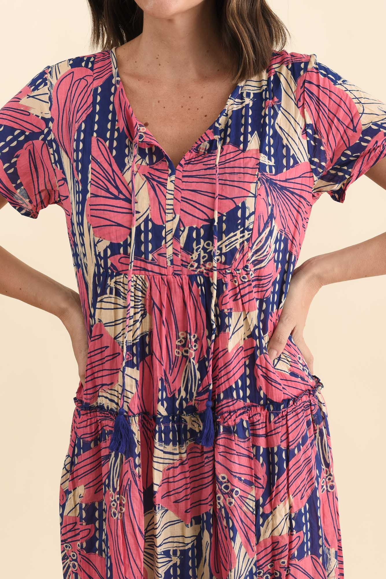 Nona Pink Lily Crinkle Cotton Maxi Dress