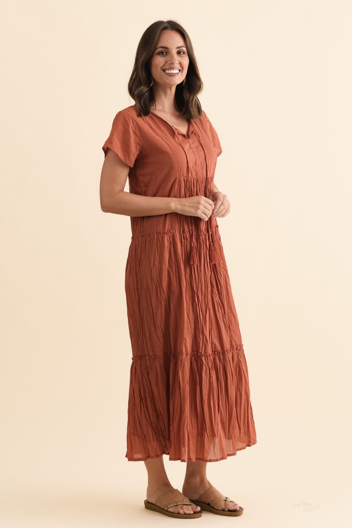 Nona Rust Crinkle Cotton Maxi Dress