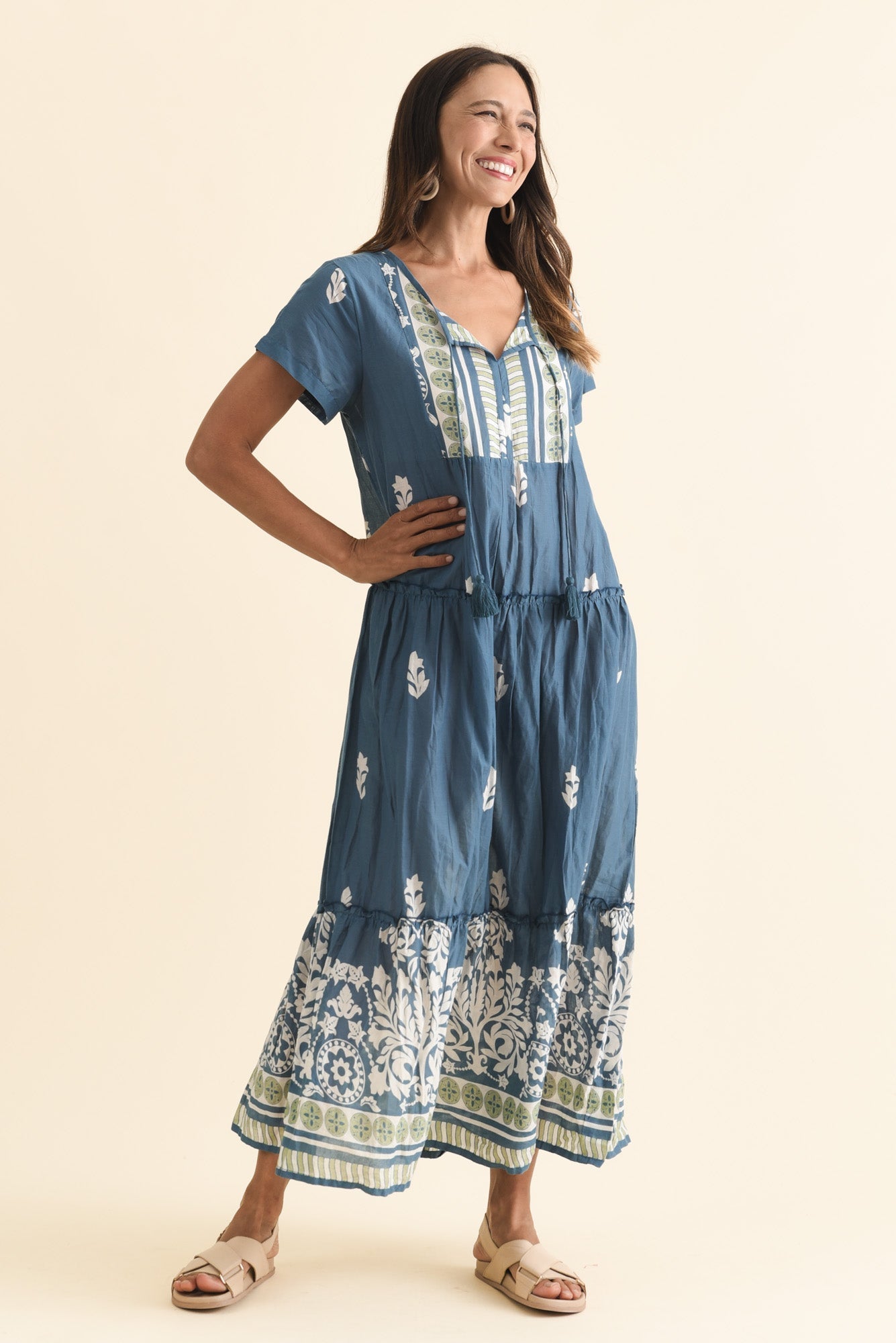 Nona Steel Abstract Crinkle Cotton Maxi Dress