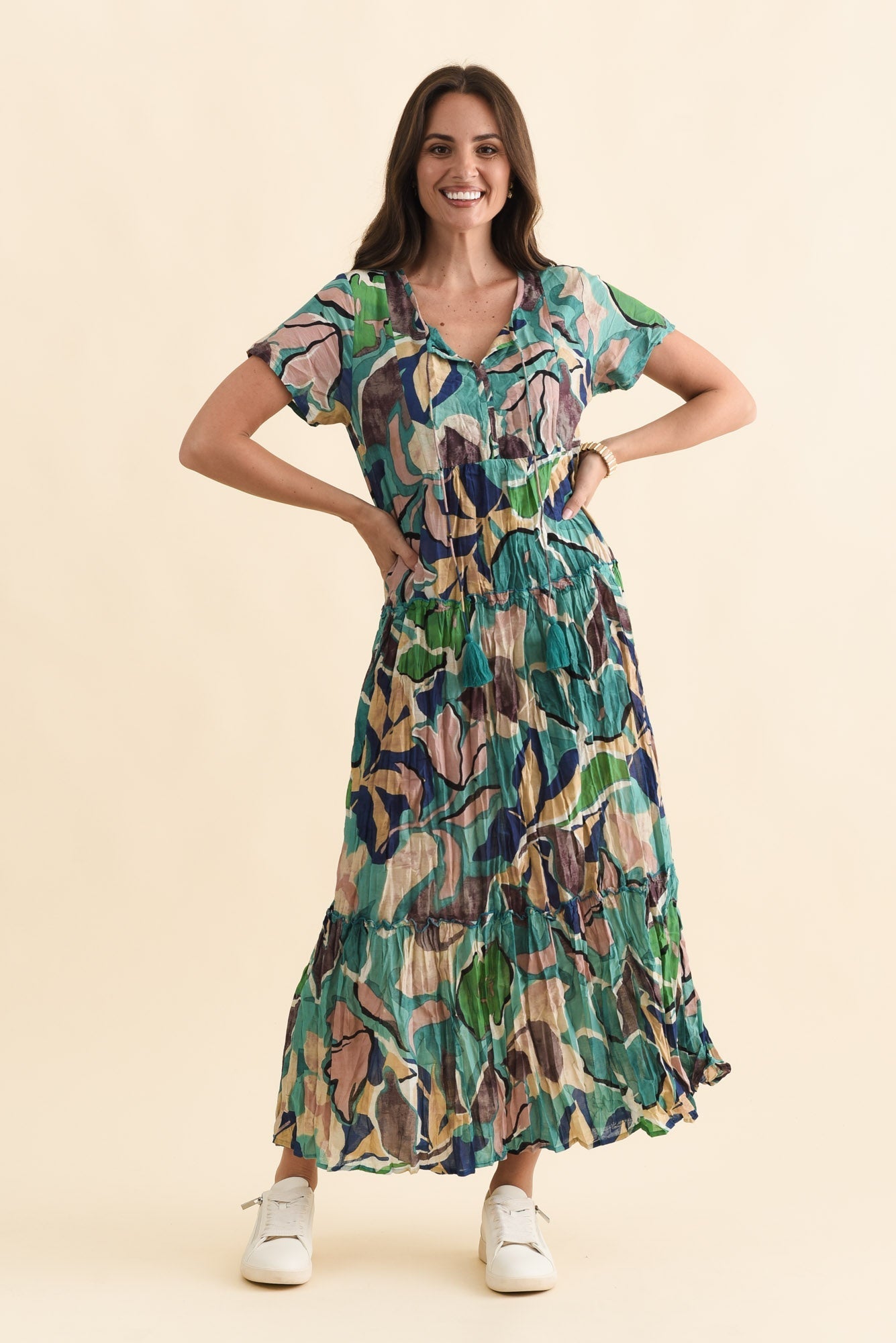Nona Teal Foliage Crinkle Cotton Maxi Dress