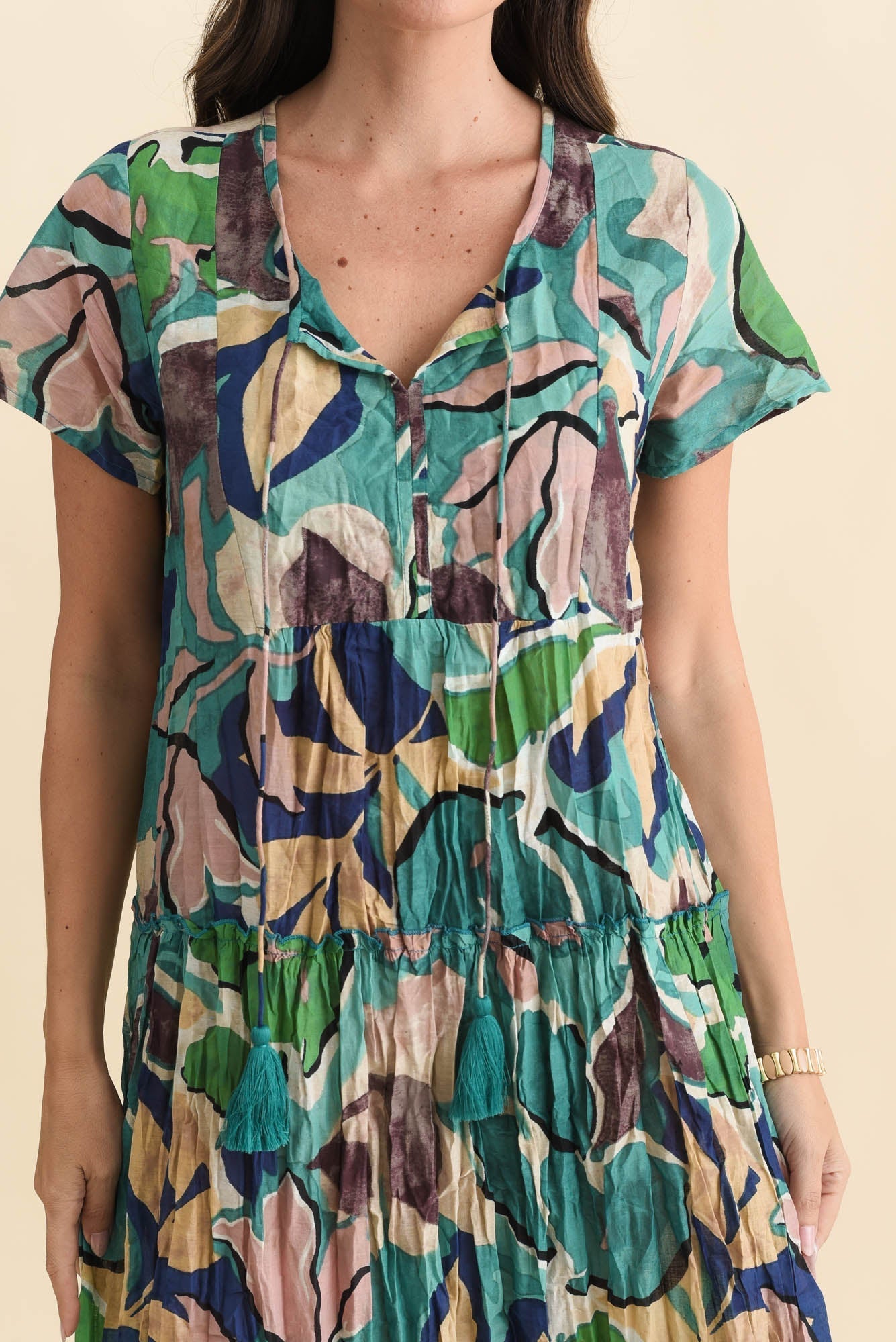 Nona Teal Foliage Crinkle Cotton Maxi Dress