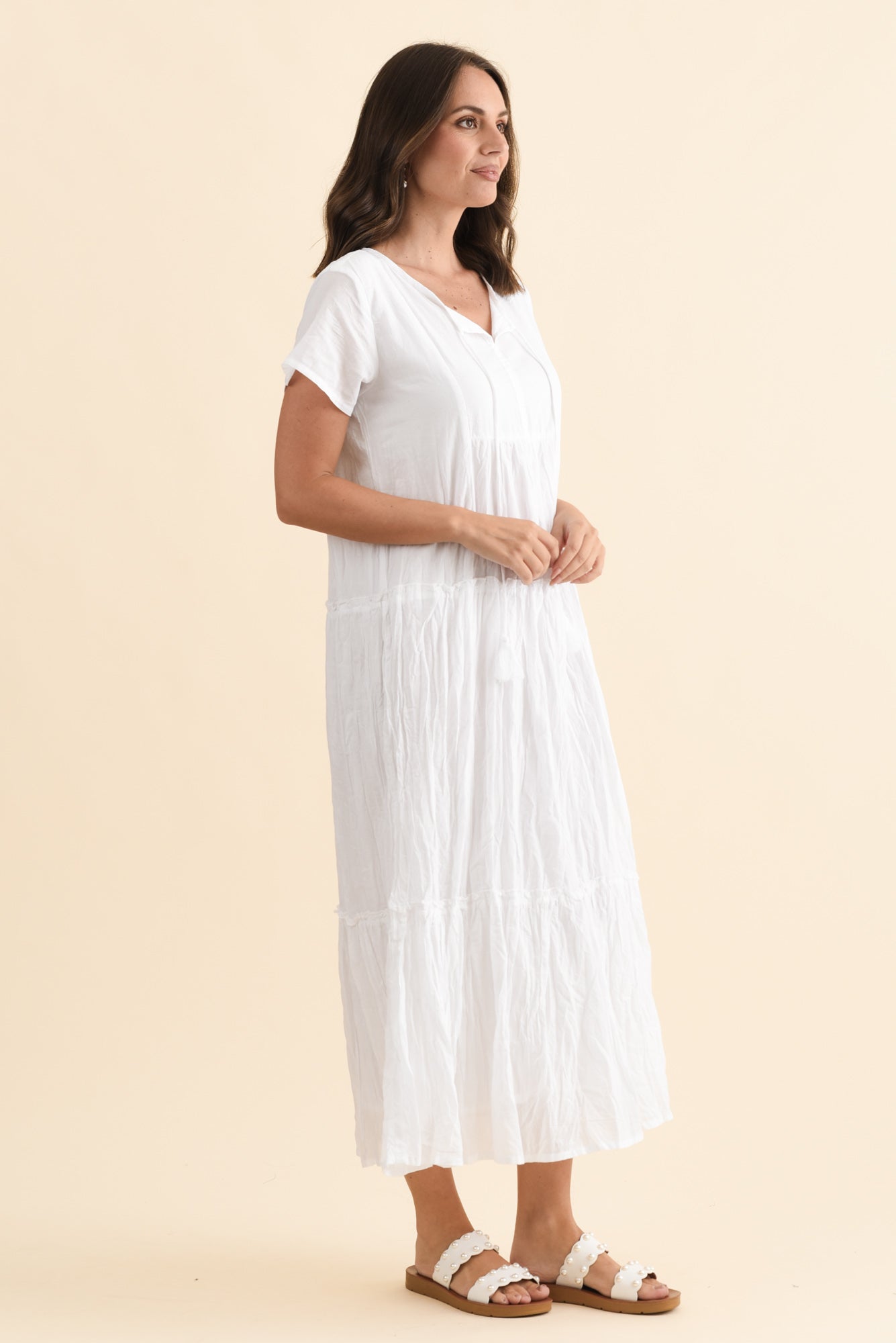 Nona White Crinkle Cotton Maxi Dress