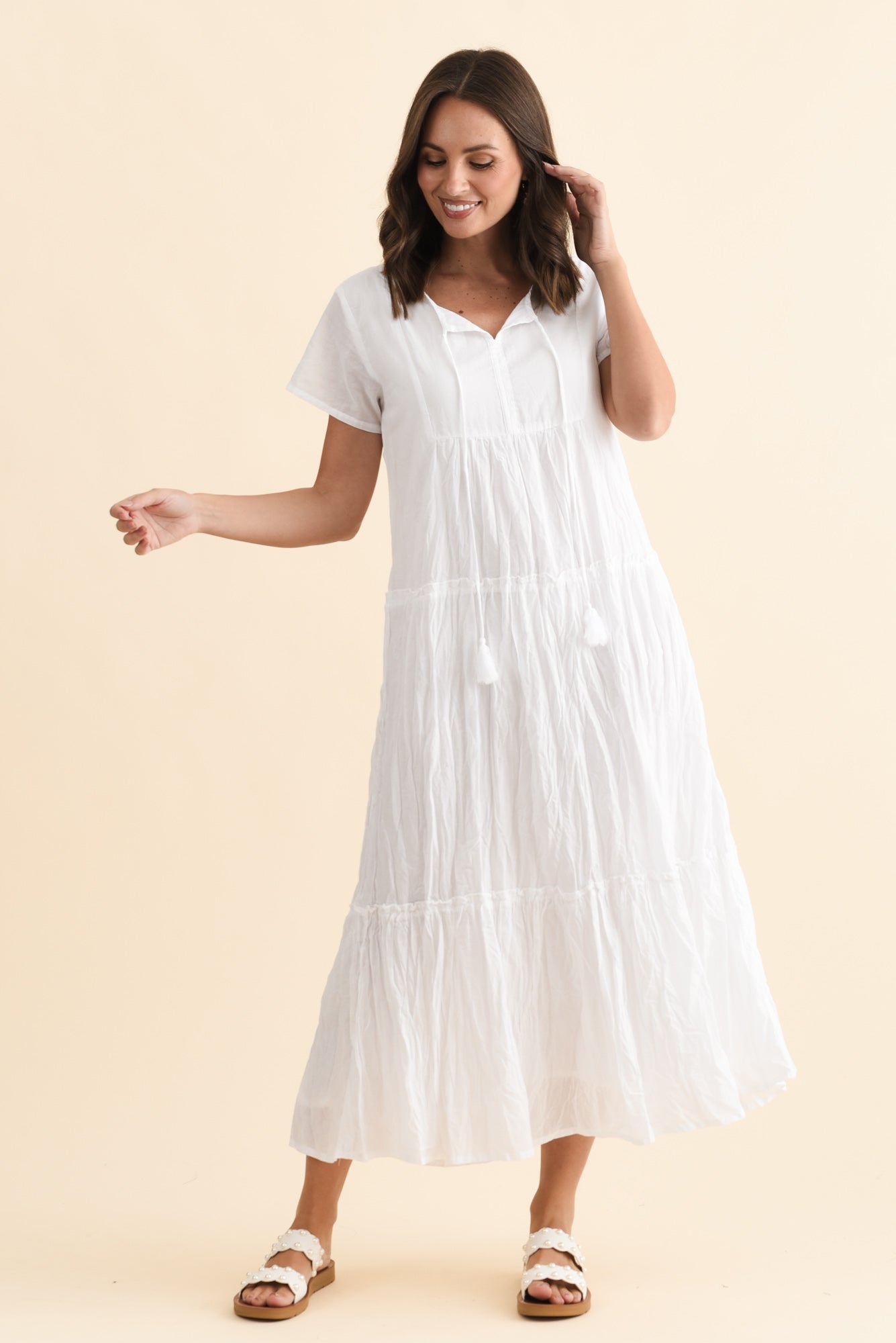Nona White Crinkle Cotton Maxi Dress