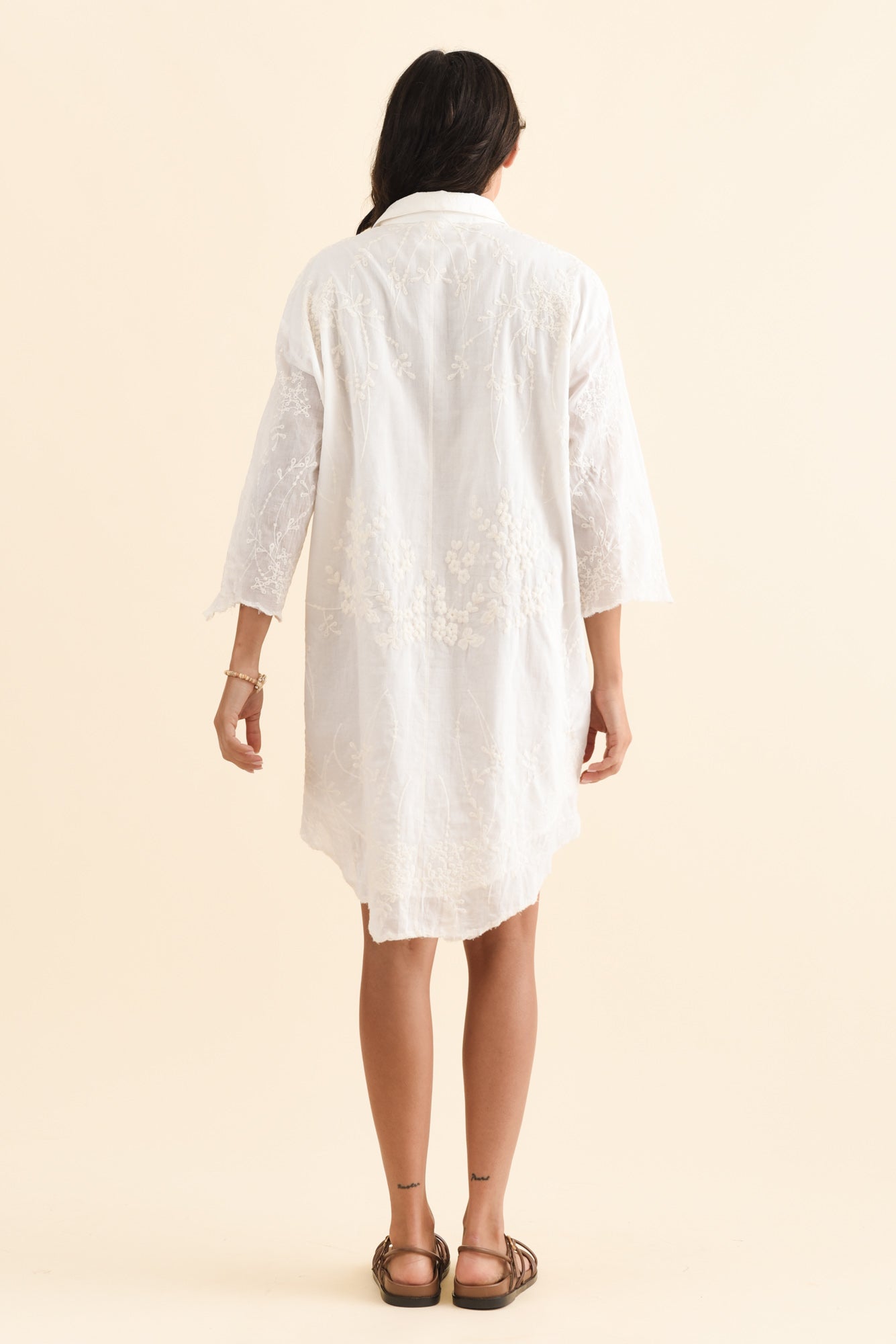 Offredo White Cotton Embroidered Shirt Dress