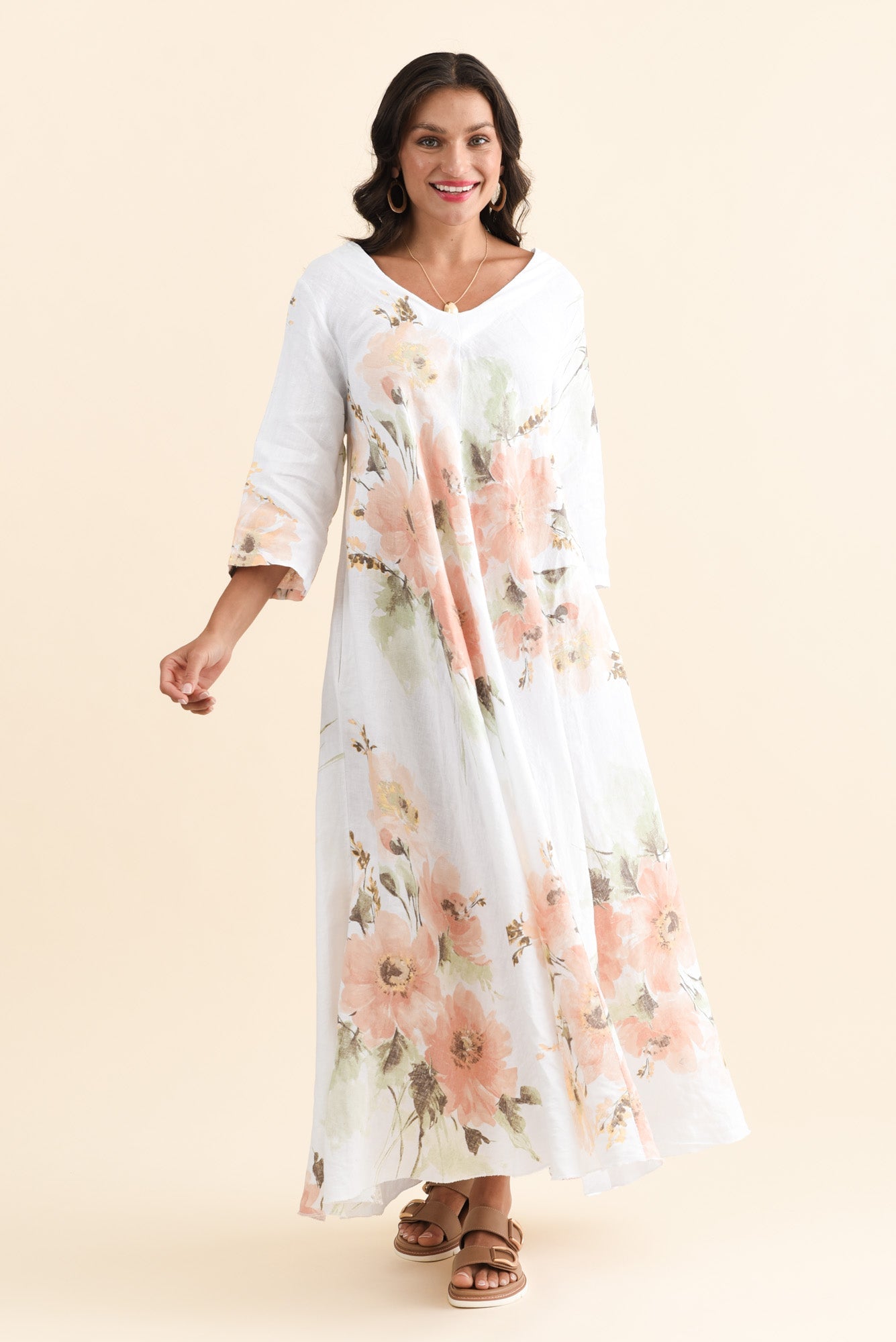 Oscar White Floral Linen Maxi Dress