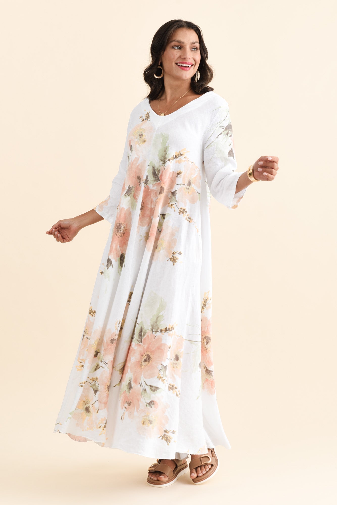 Oscar White Floral Linen Maxi Dress