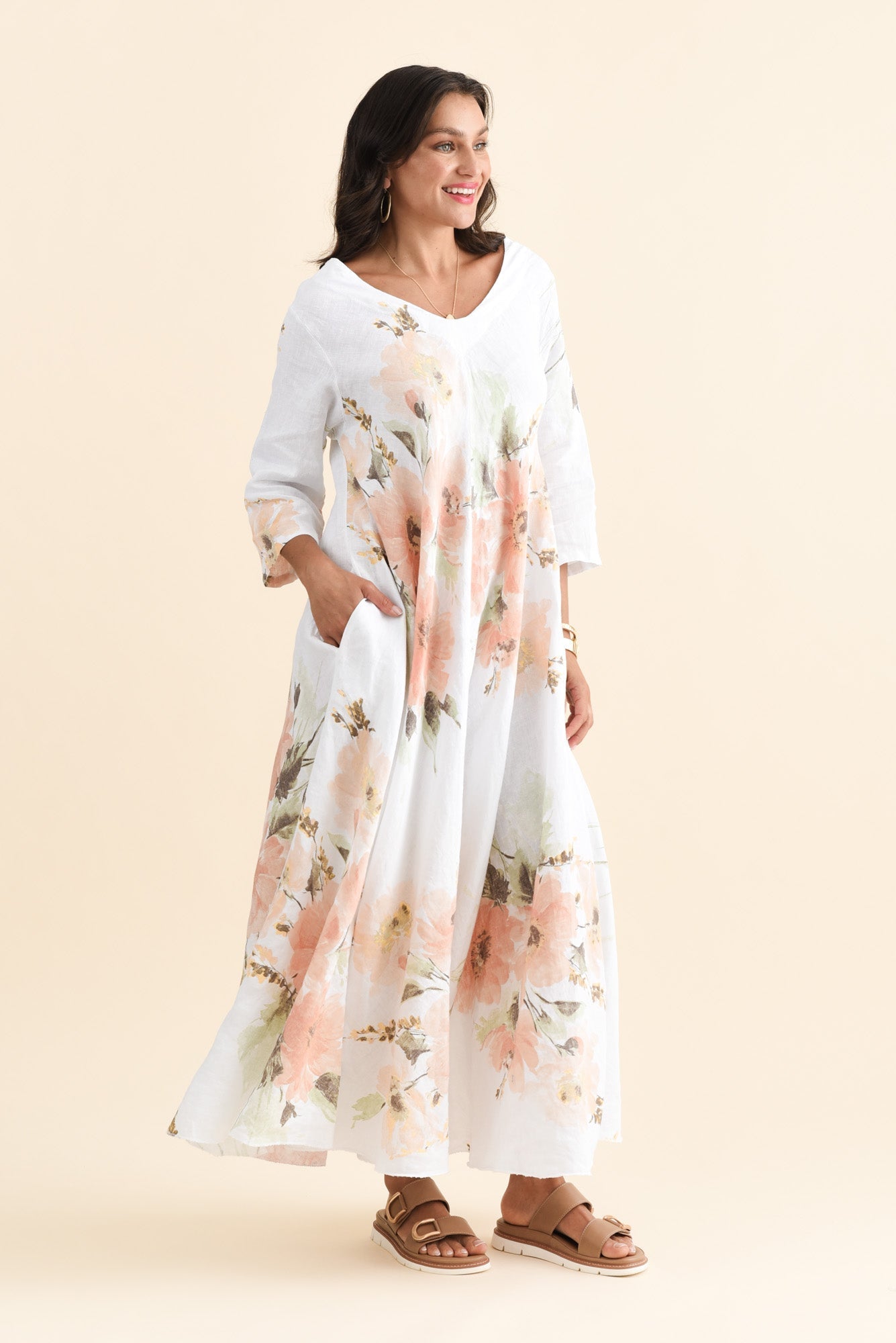 Oscar White Floral Linen Maxi Dress